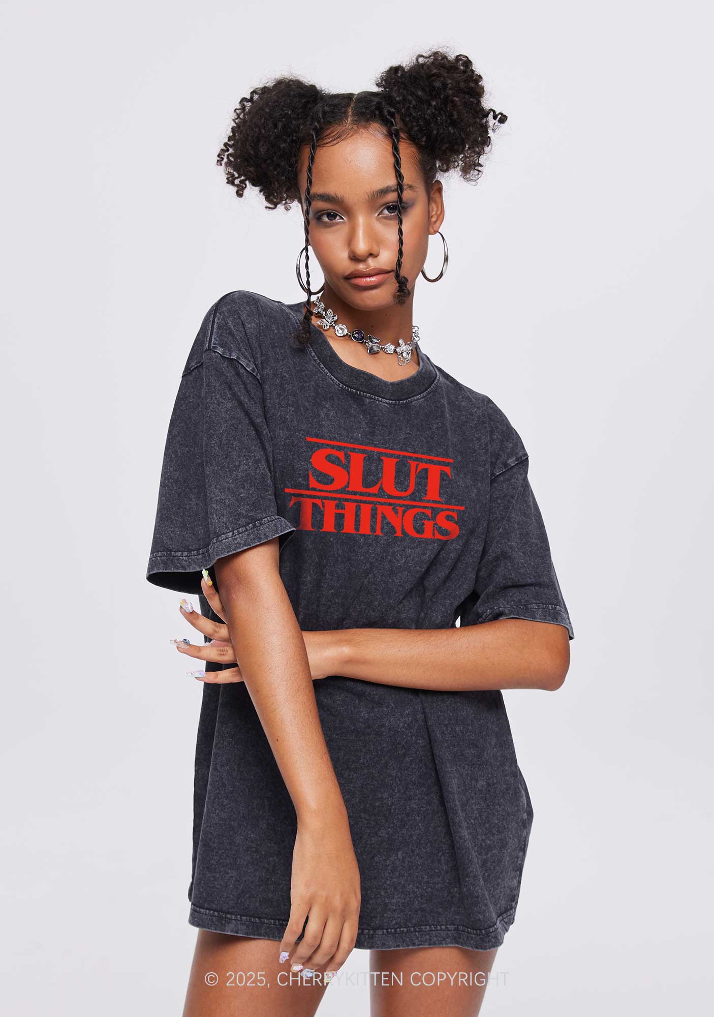 Red Slxt Things Y2K Shirts Washed Tee Cherrykitten - Image 2