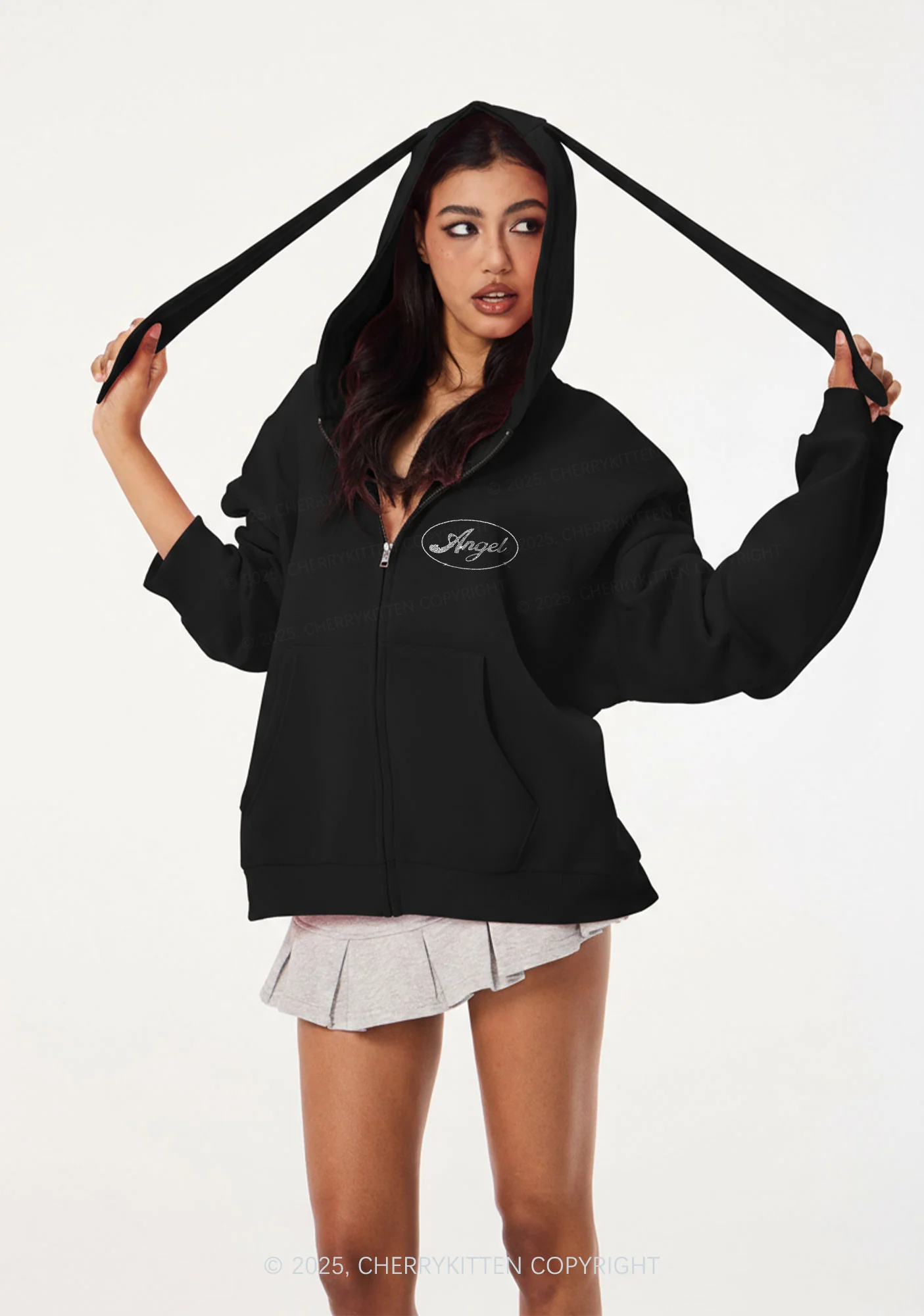 Rhinestone Angel Y2K Bunny Ear Zip Hoodie Cherrykitten - Image 2
