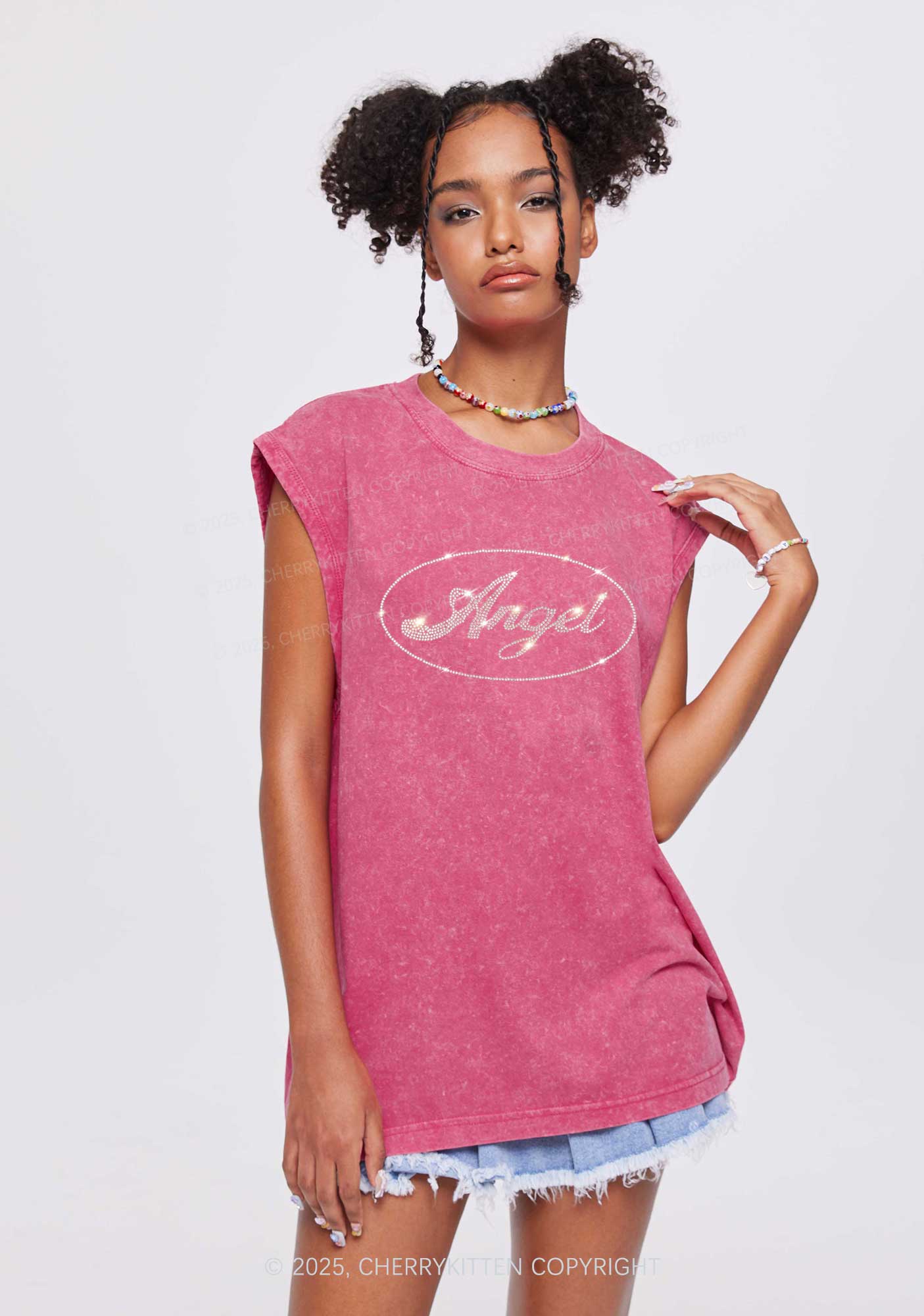 Rhinestone Angel Y2K Washed Muscle Tank Cherrykitten - Image 2