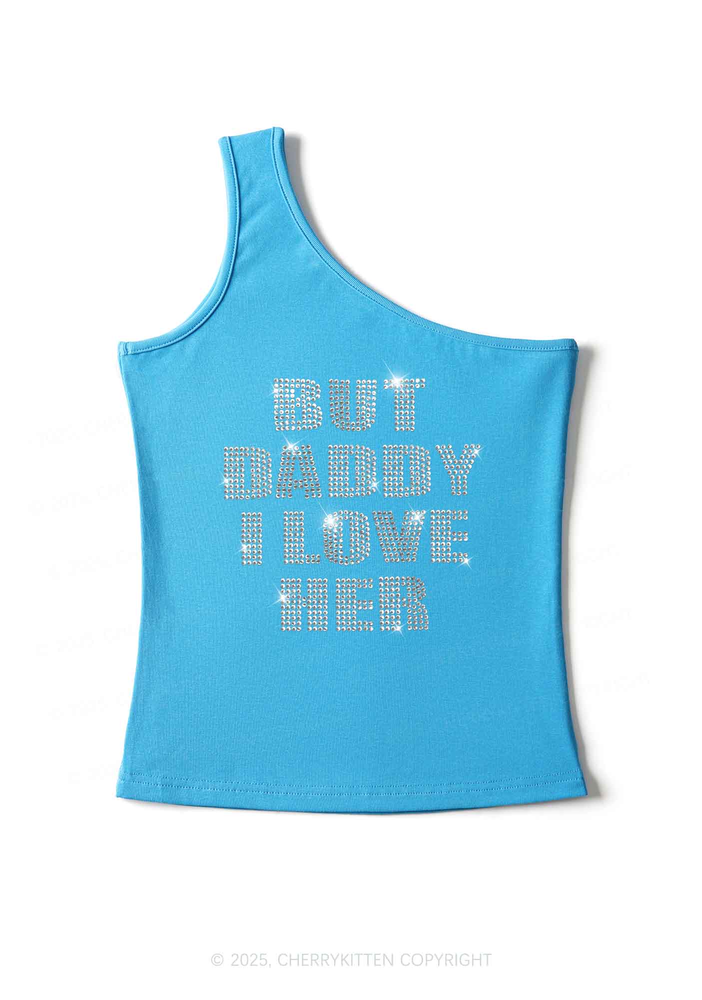 Rhinestone But Daddy I Love Her Pride Y2K One Shoulder Tank Top Cherrykitten - Image 3