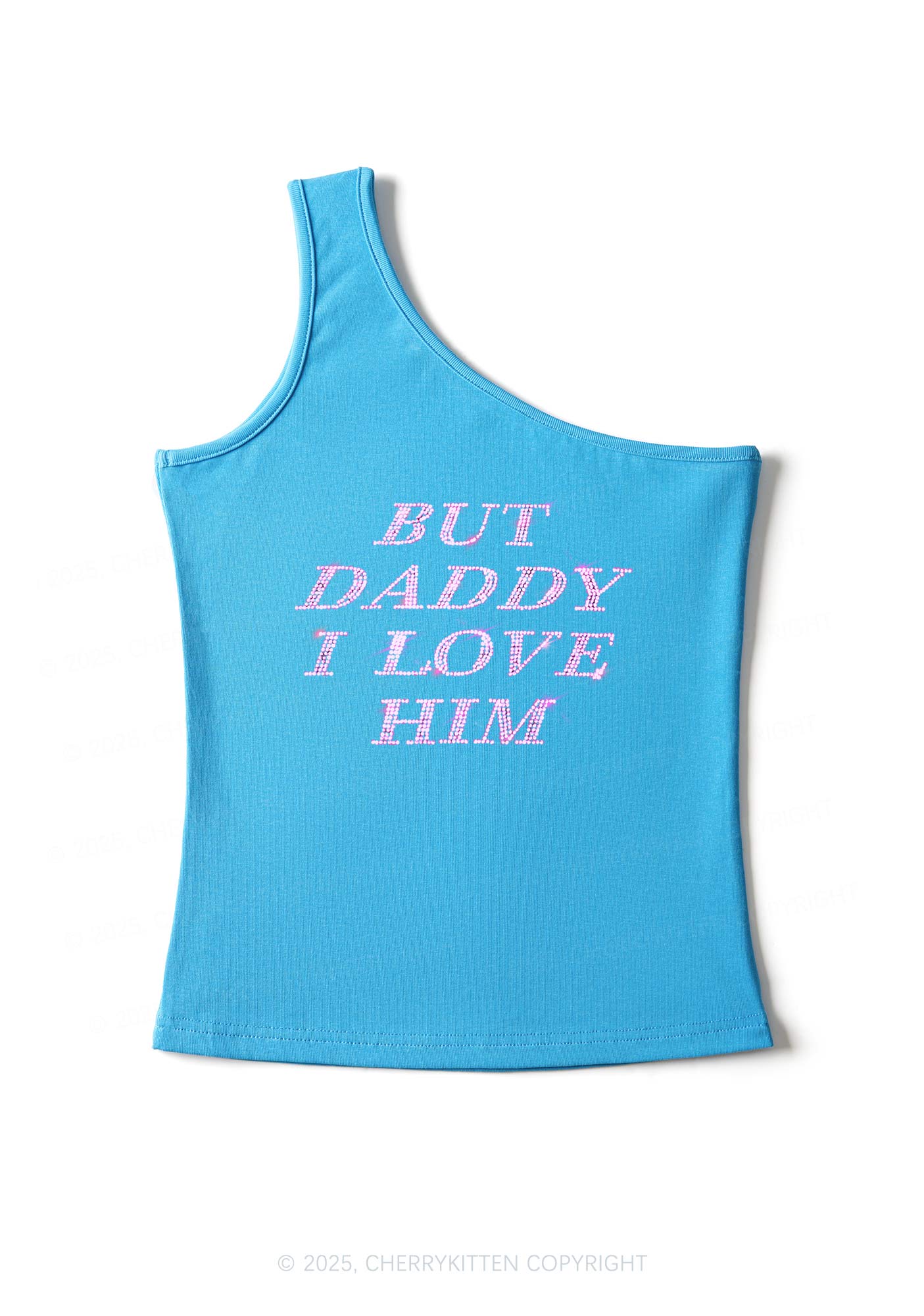 Rhinestone But Daddy I Love Him Y2K One Shoulder Tank Top Cherrykitten - Image 3