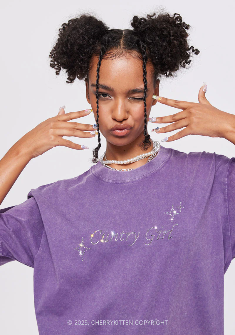 Rhinestone Cxxtry Girl Y2K Shirts Washed Tee Cherrykitten - Image 2