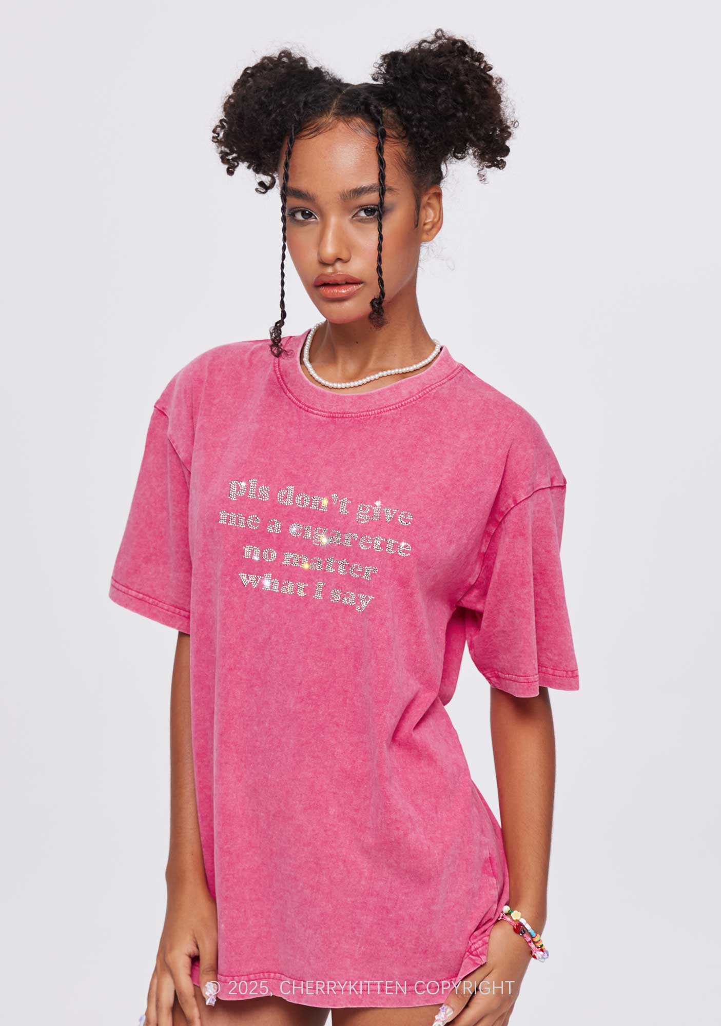 Rhinestone Dont Give Me Cigarette Y2K Shirts Washed Tee Cherrykitten - Image 2