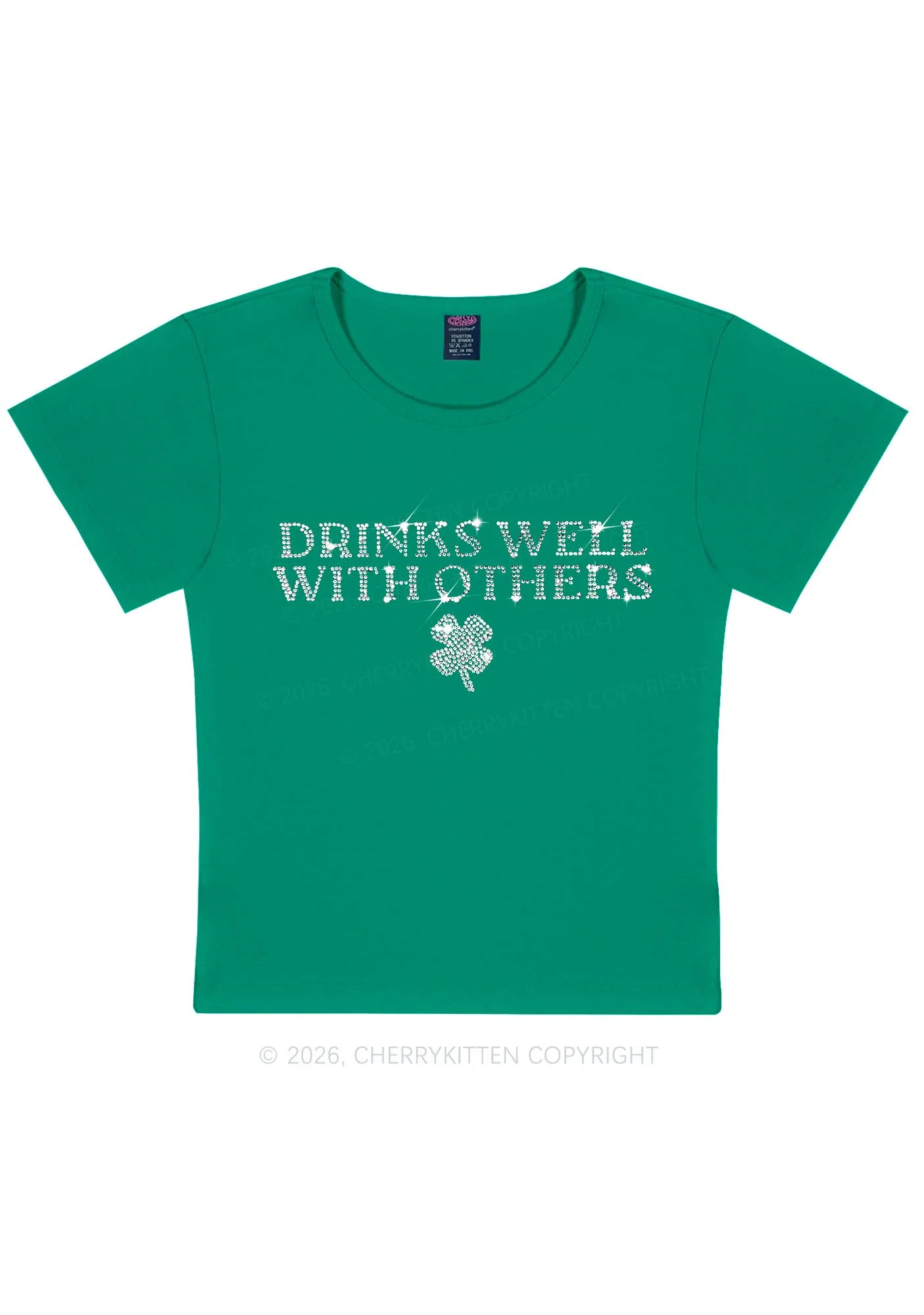 Rhinestone Drinks Well With Others St Patricks Y2K Baby Tee Cherrykitten