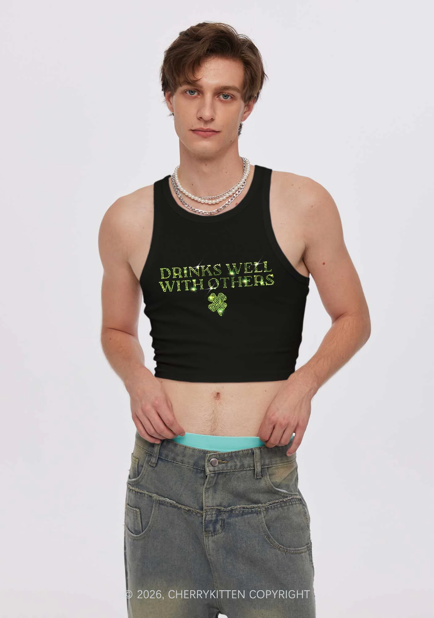 Rhinestone Drinks Well With Others St Patricks Y2K Crop Tank Top Cherrykitten - Image 2