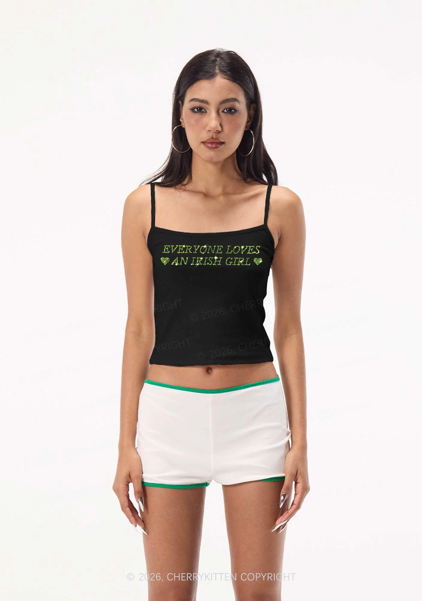 Rhinestone Everyone Loves Irish Girl St Patricks Y2K Spaghetti Strap Cami Cherrykitten - Image 3