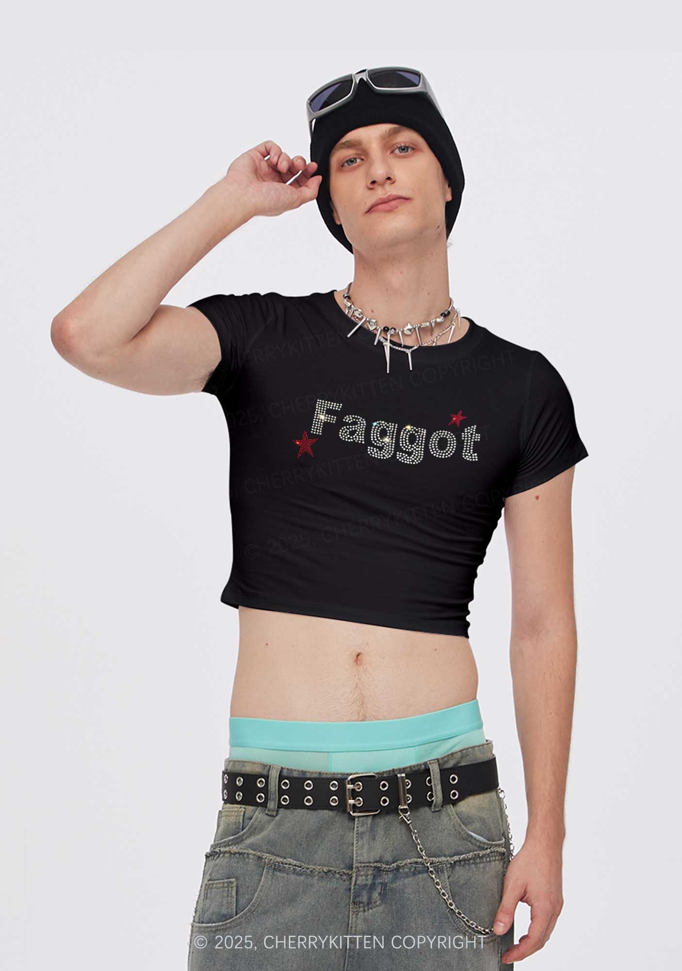 Rhinestone Faggot Pride Y2K Baby Tee Cherrykitten - Image 2