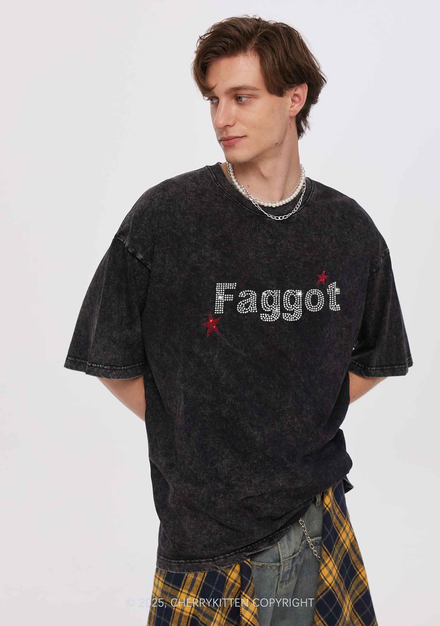 Rhinestone Faggot Pride Y2K Shirts Washed Tee Cherrykitten - Image 2