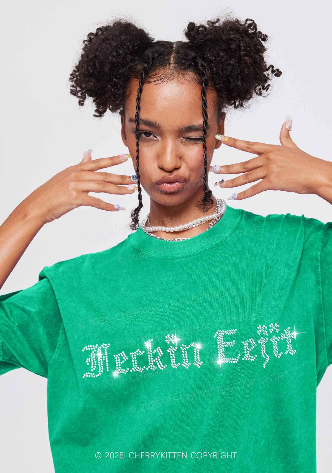 Rhinestone Feckin Eejit St Patricks Y2K Shirts Washed Tee Cherrykitten - Image 2