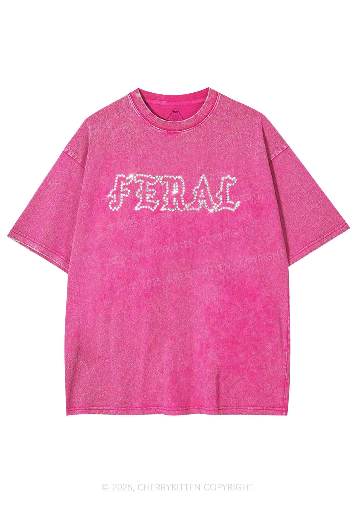 Rhinestone Feral Y2K Shirts Washed Tee Cherrykitten - Image 4