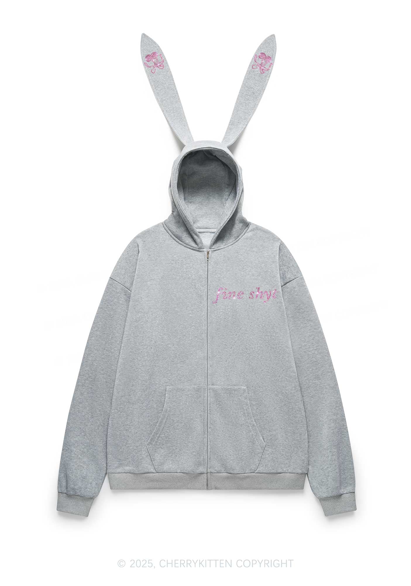 Rhinestone Fine Shyt Y2K Bunny Ear Zip Hoodie Cherrykitten - Image 4