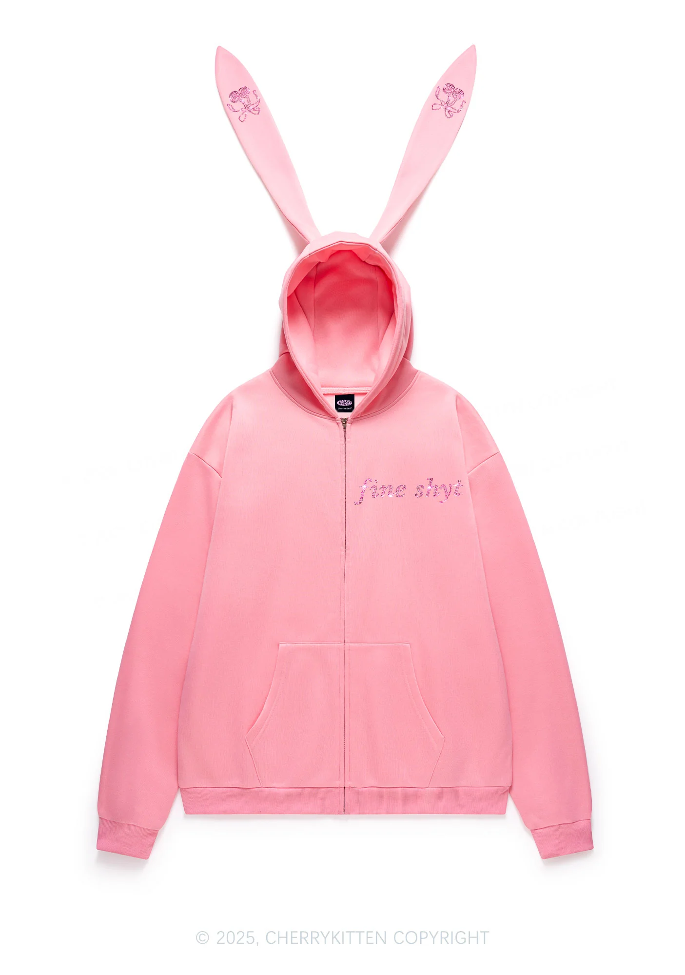 Rhinestone Fine Shyt Y2K Bunny Ear Zip Hoodie Cherrykitten - Image 5