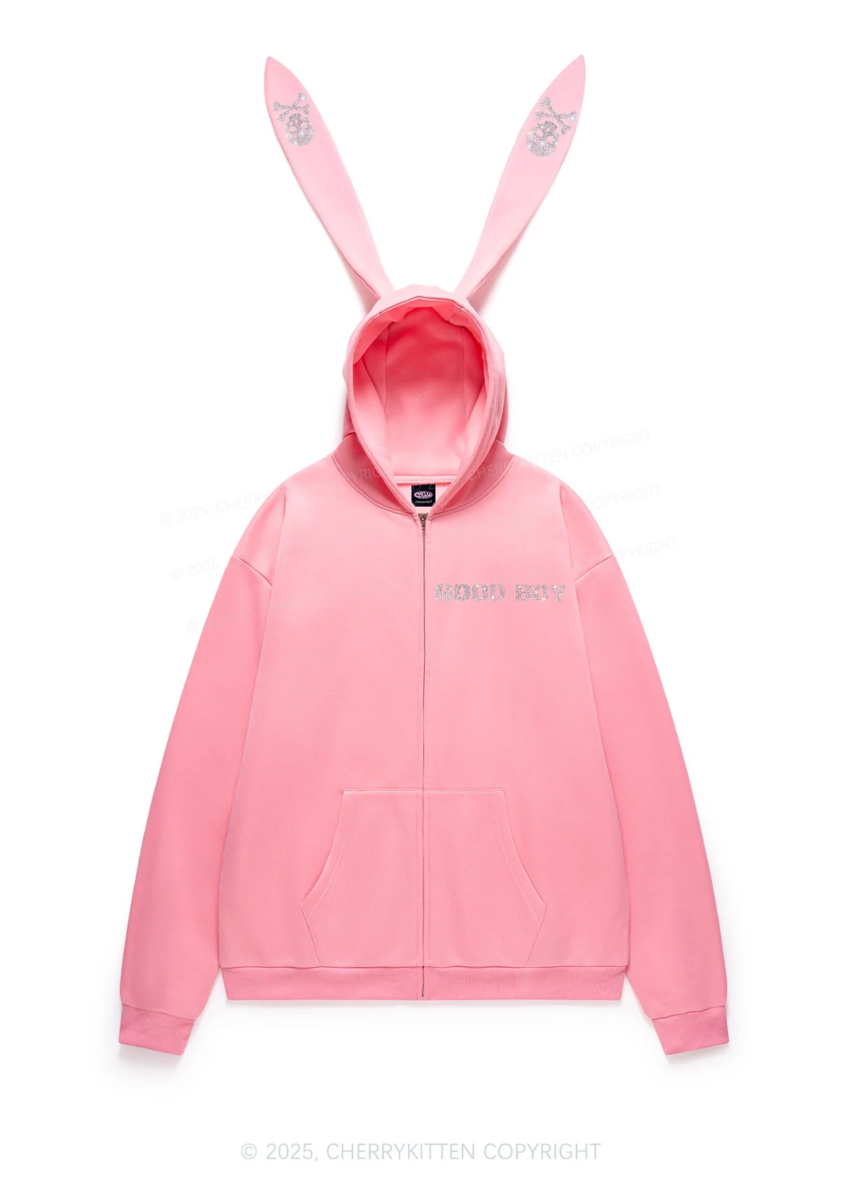 Rhinestone Good Boy Y2K Bunny Ear Zip Hoodie Cherrykitten - Image 4