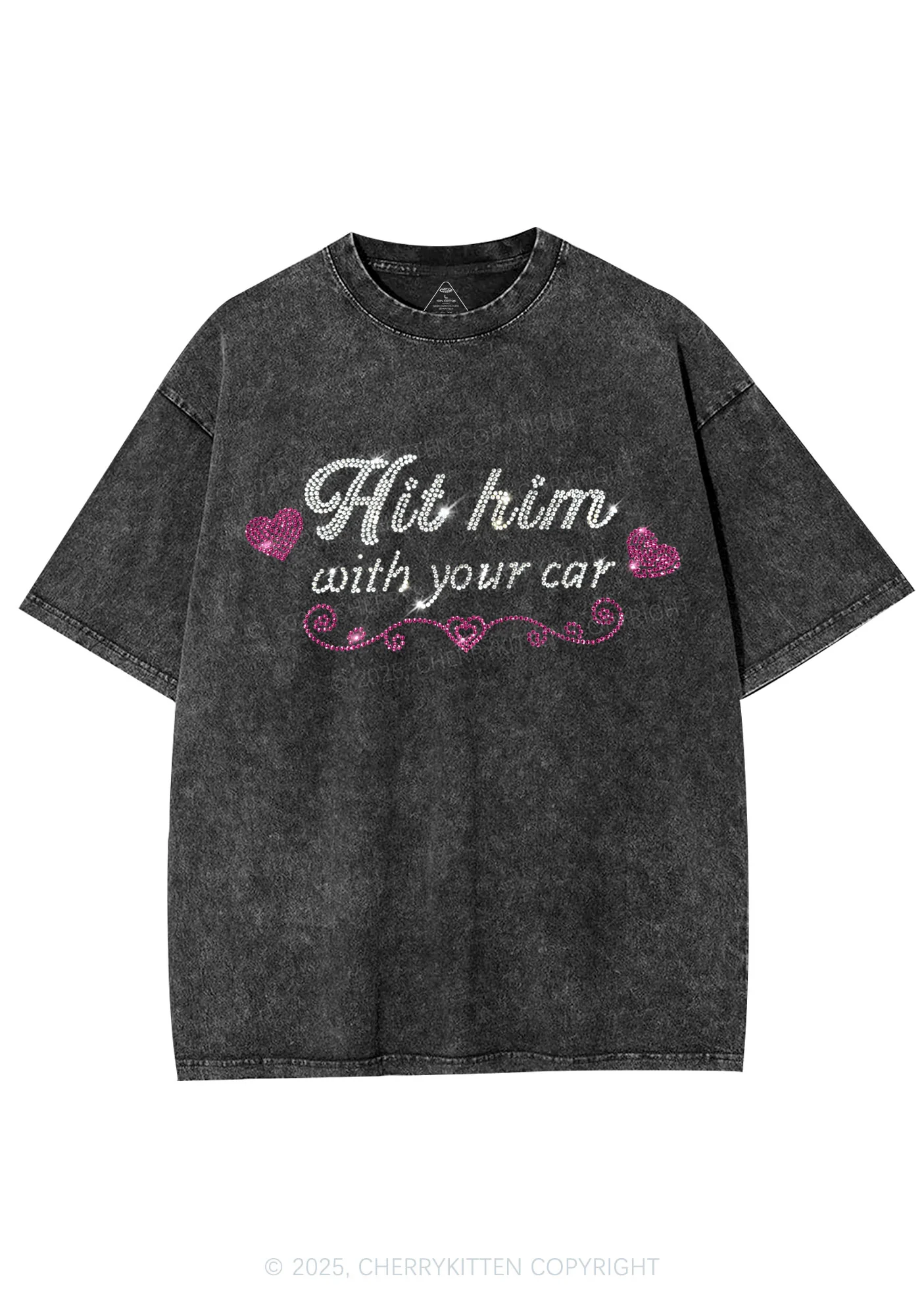 Rhinestone Hit Him Y2K Shirts Washed Tee Cherrykitten