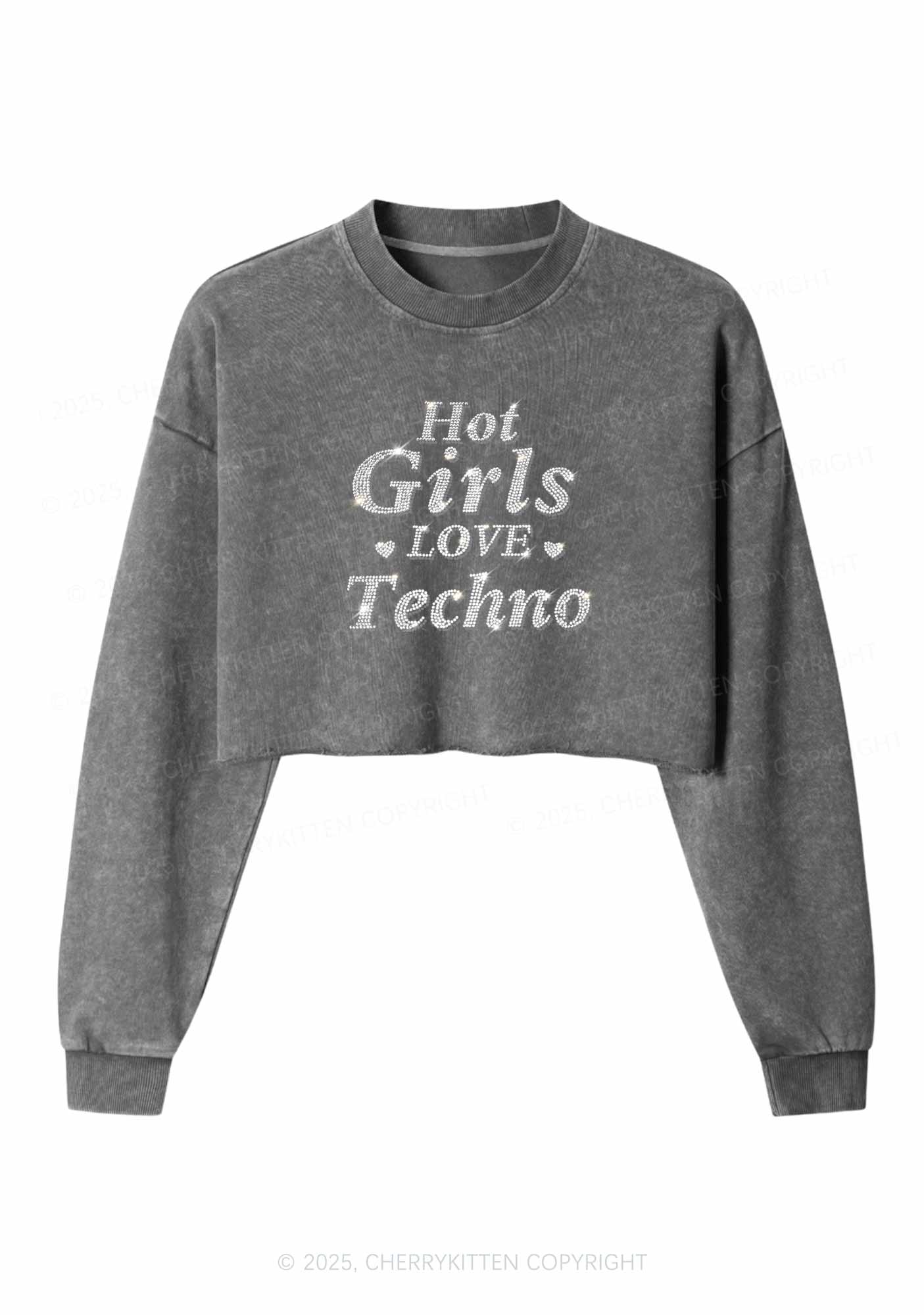 Rhinestone Hot Girls Love Techno Y2K Crop Washed Sweatshirts Cherrykitten - Image 3