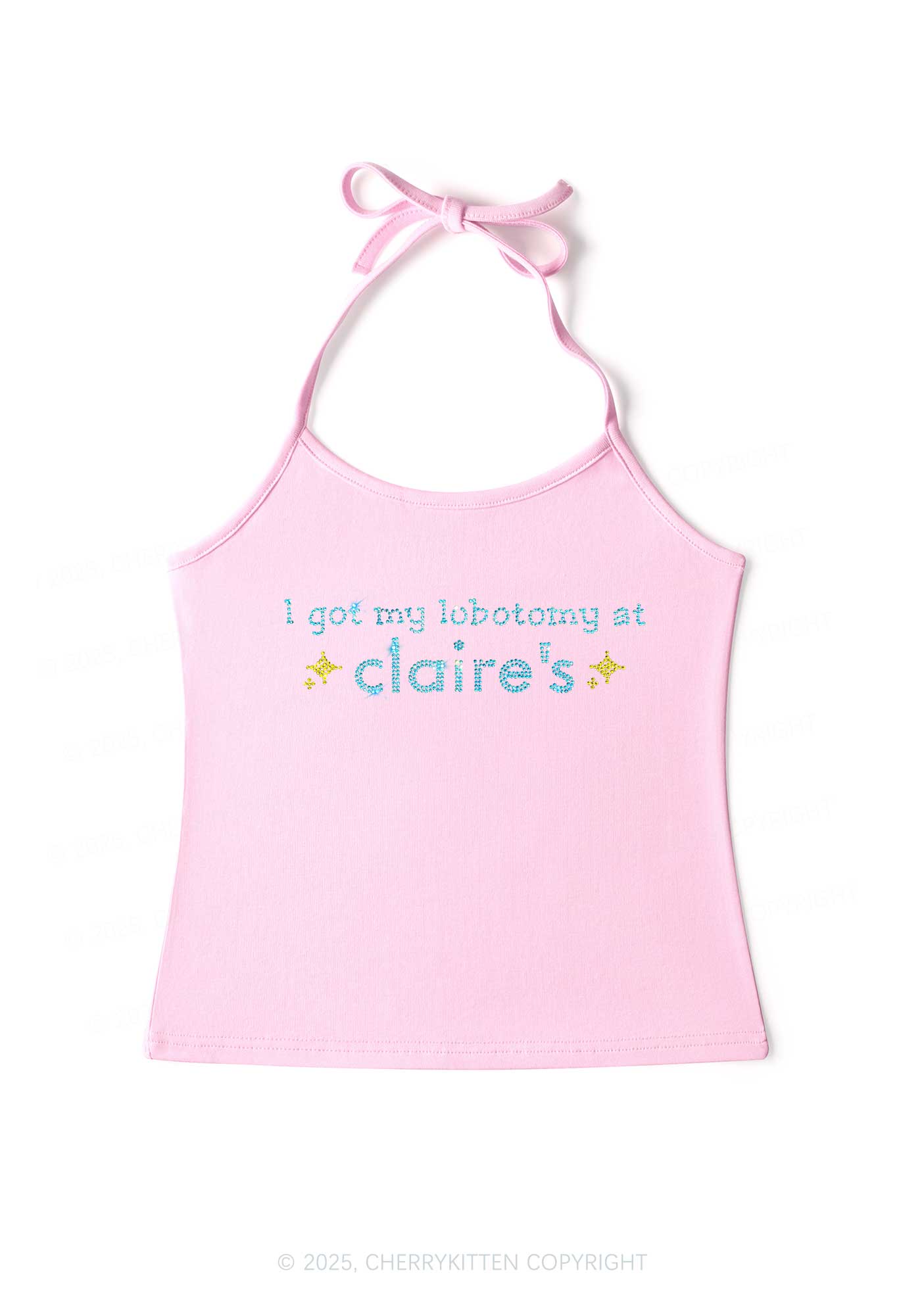 Rhinestone I Got My Lobotomy At Claires Y2K Halter Neck Cami Cherrykitten