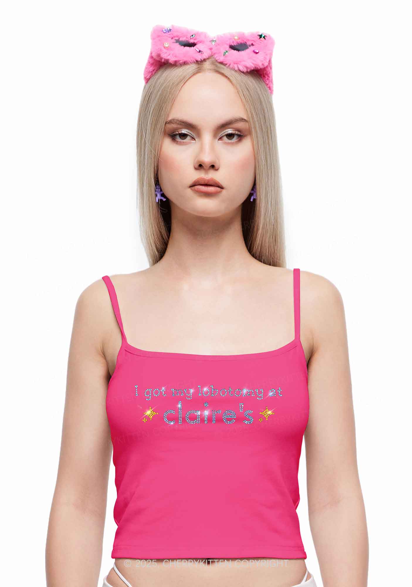 Rhinestone I Got My Lobotomy At Claires Y2K Spaghetti Strap Cami Cherrykitten - Image 2