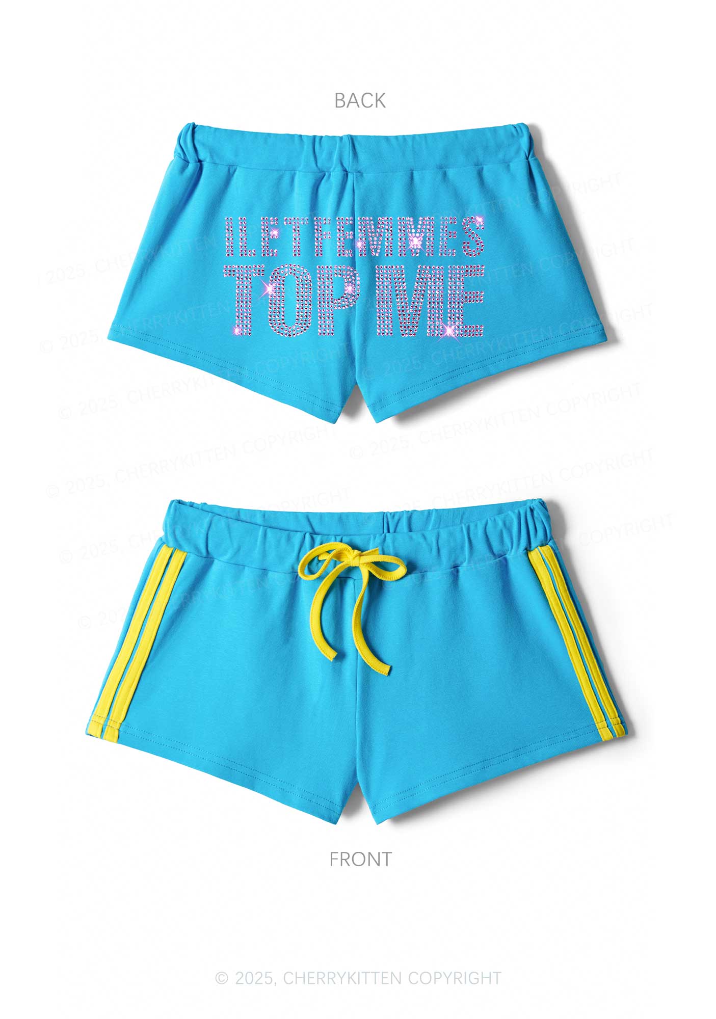 Rhinestone I Let Femmes Top Me Pride Y2K Drawstring Mini Shorts Cherrykitten - Image 3