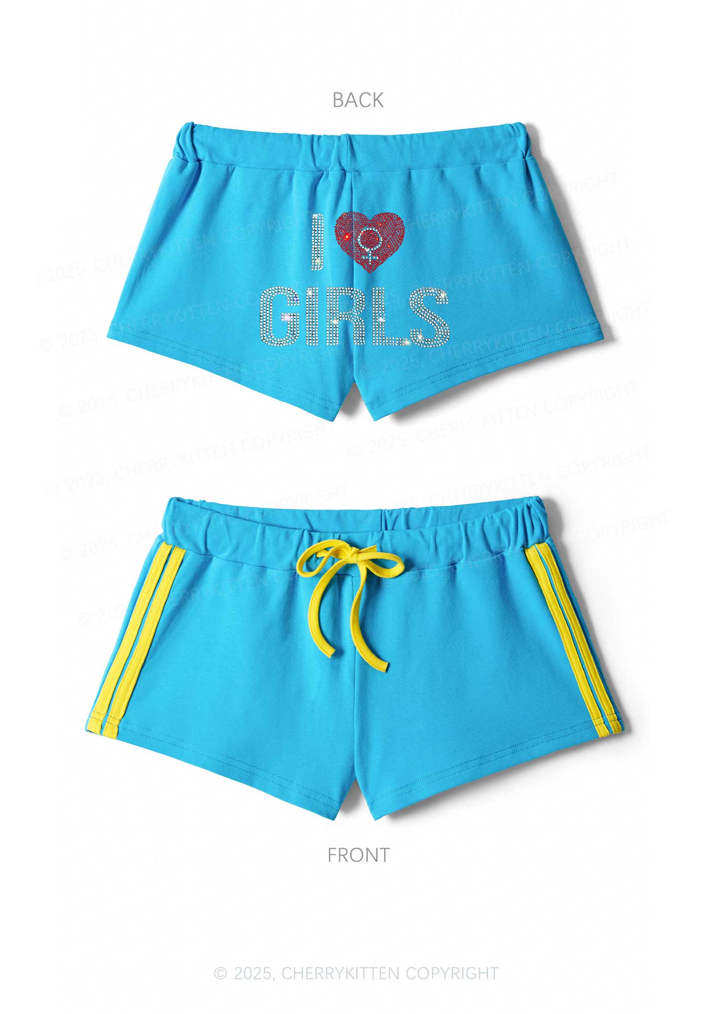 Rhinestone I Love Girls Pride Y2K Drawstring Mini Shorts Cherrykitten - Image 3