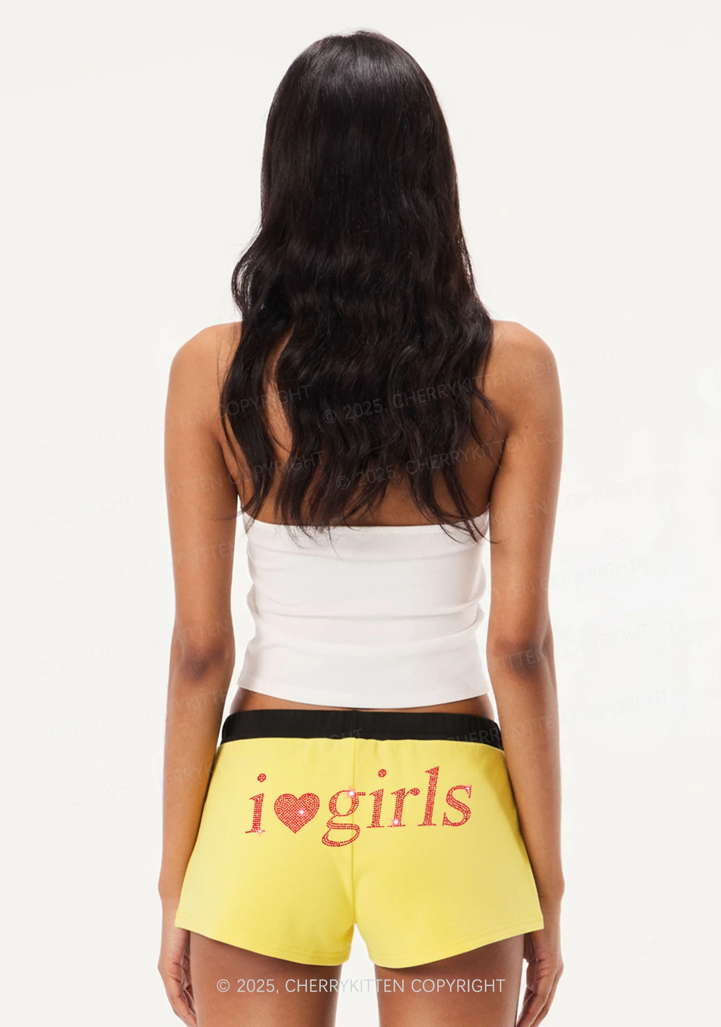 Rhinestone I Love Girls Y2K Drawstring Mini Shorts Cherrykitten - Image 2