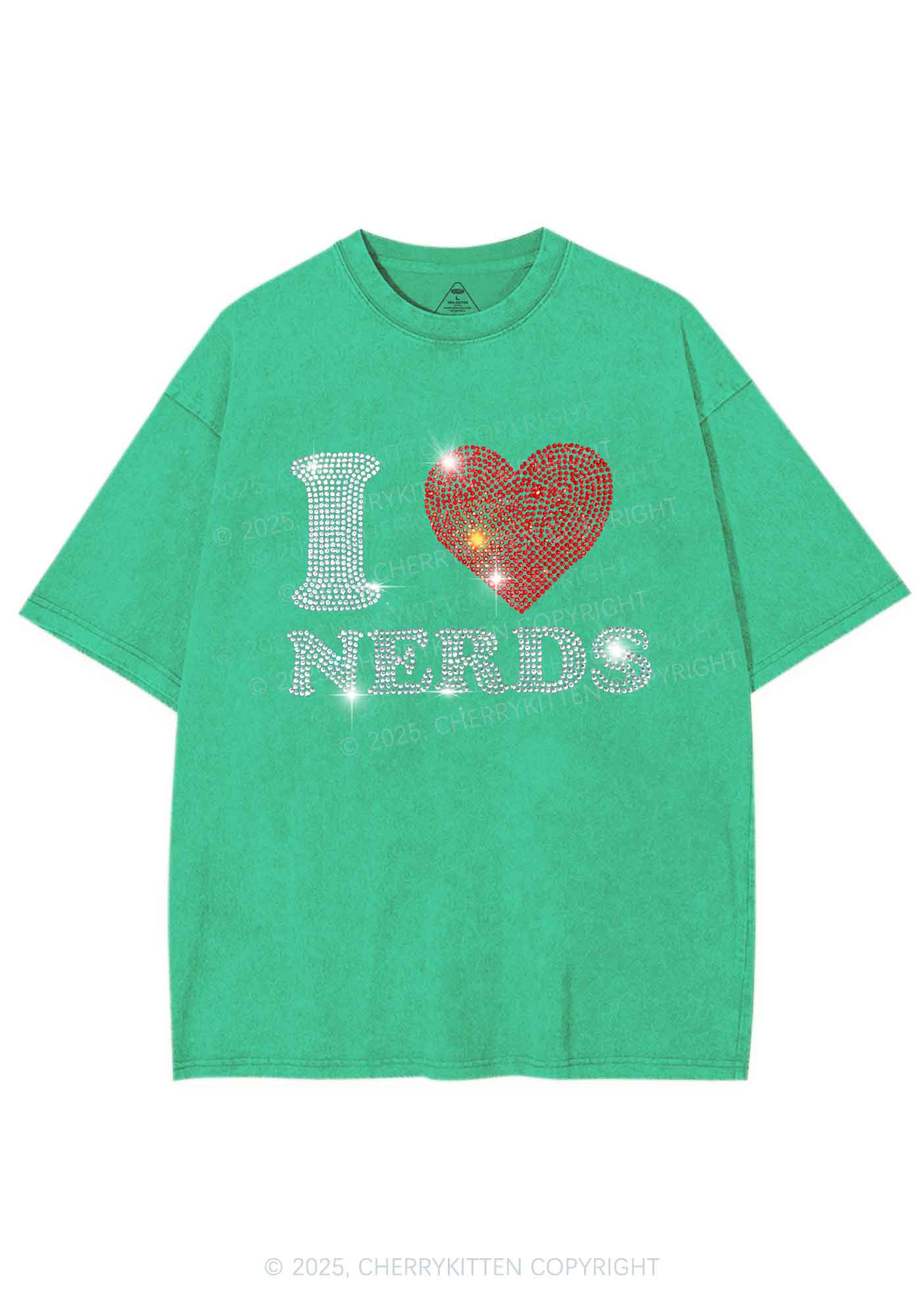 Rhinestone I Love Nerds Y2K Shirts Washed Tee Cherrykitten - Image 6