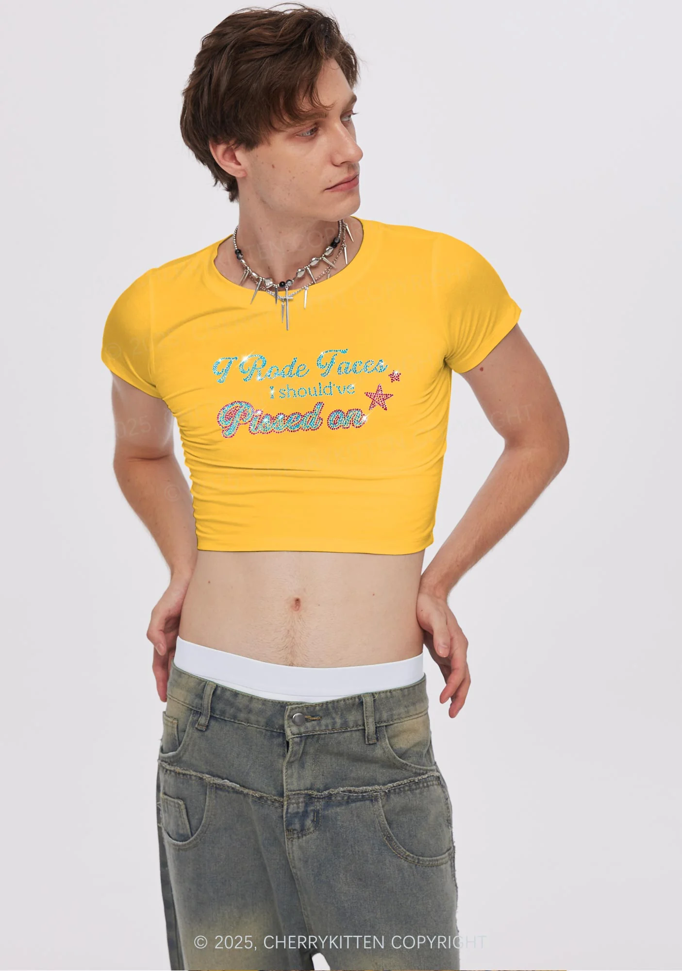 Rhinestone I Rode Faces Y2K Baby Tee Cherrykitten - Image 3