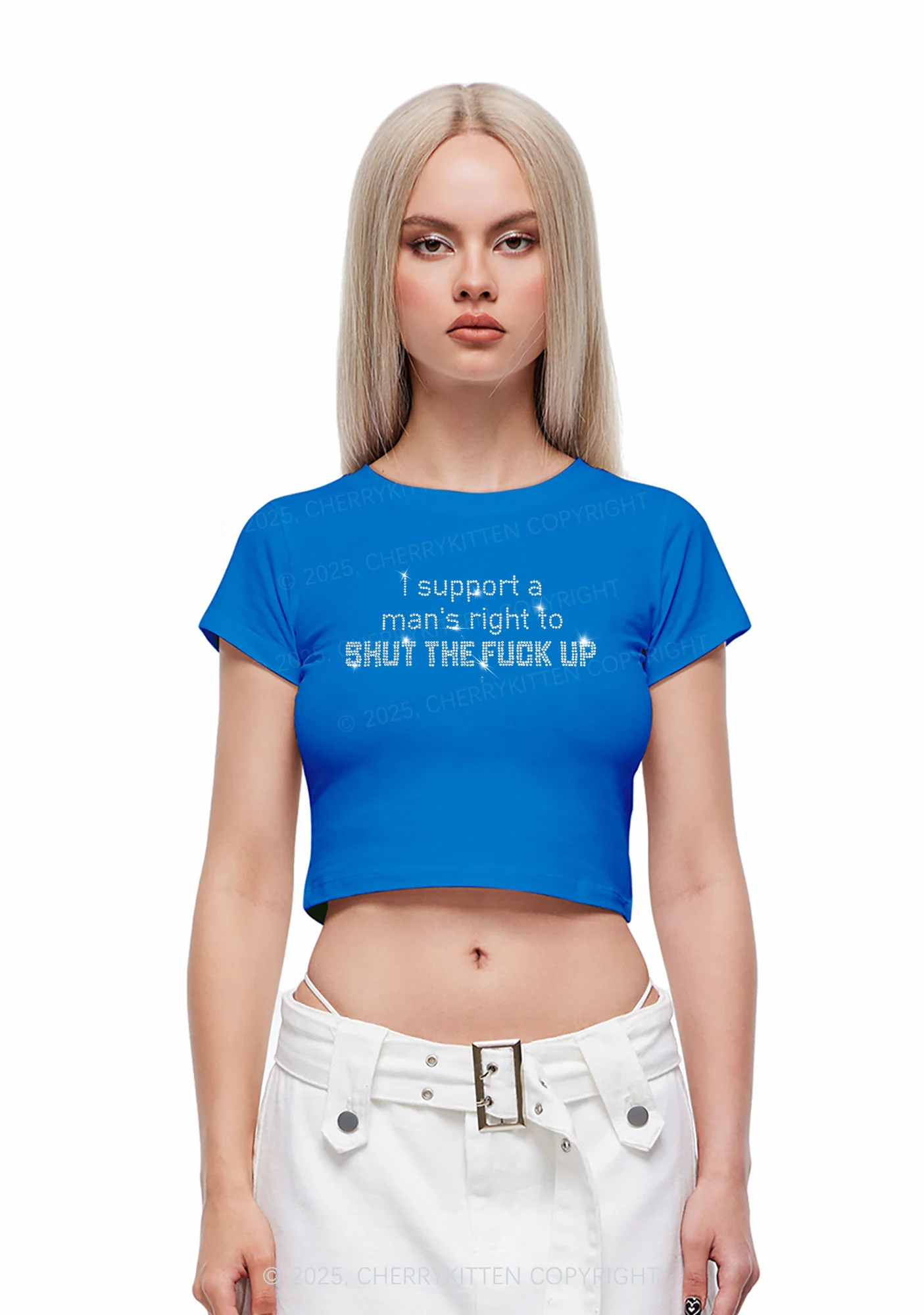 Rhinestone I Support A Mans Right Y2K Baby Tee Cherrykitten - Image 3