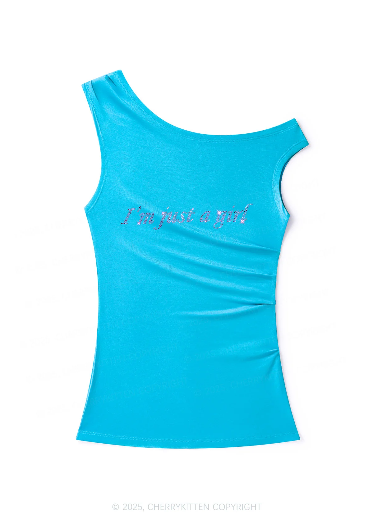 Rhinestone Just A Girl Y2K Off Shoulder Tank Top Cherrykitten - Image 2
