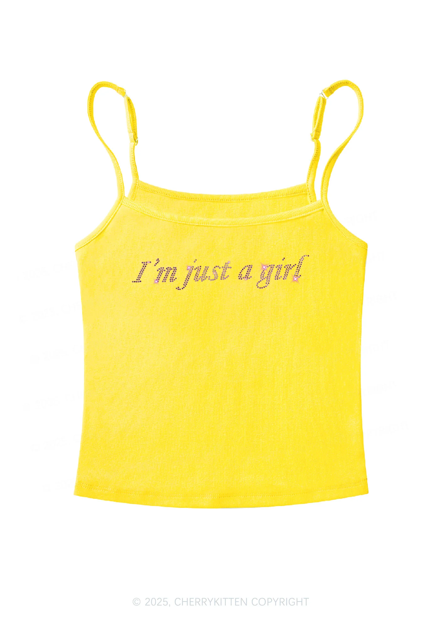 Rhinestone Just A Girl Y2K Spaghetti Strap Cami Cherrykitten