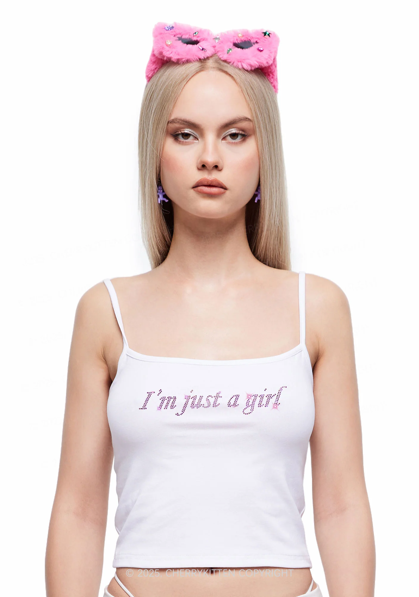 Rhinestone Just A Girl Y2K Spaghetti Strap Cami Cherrykitten - Image 2