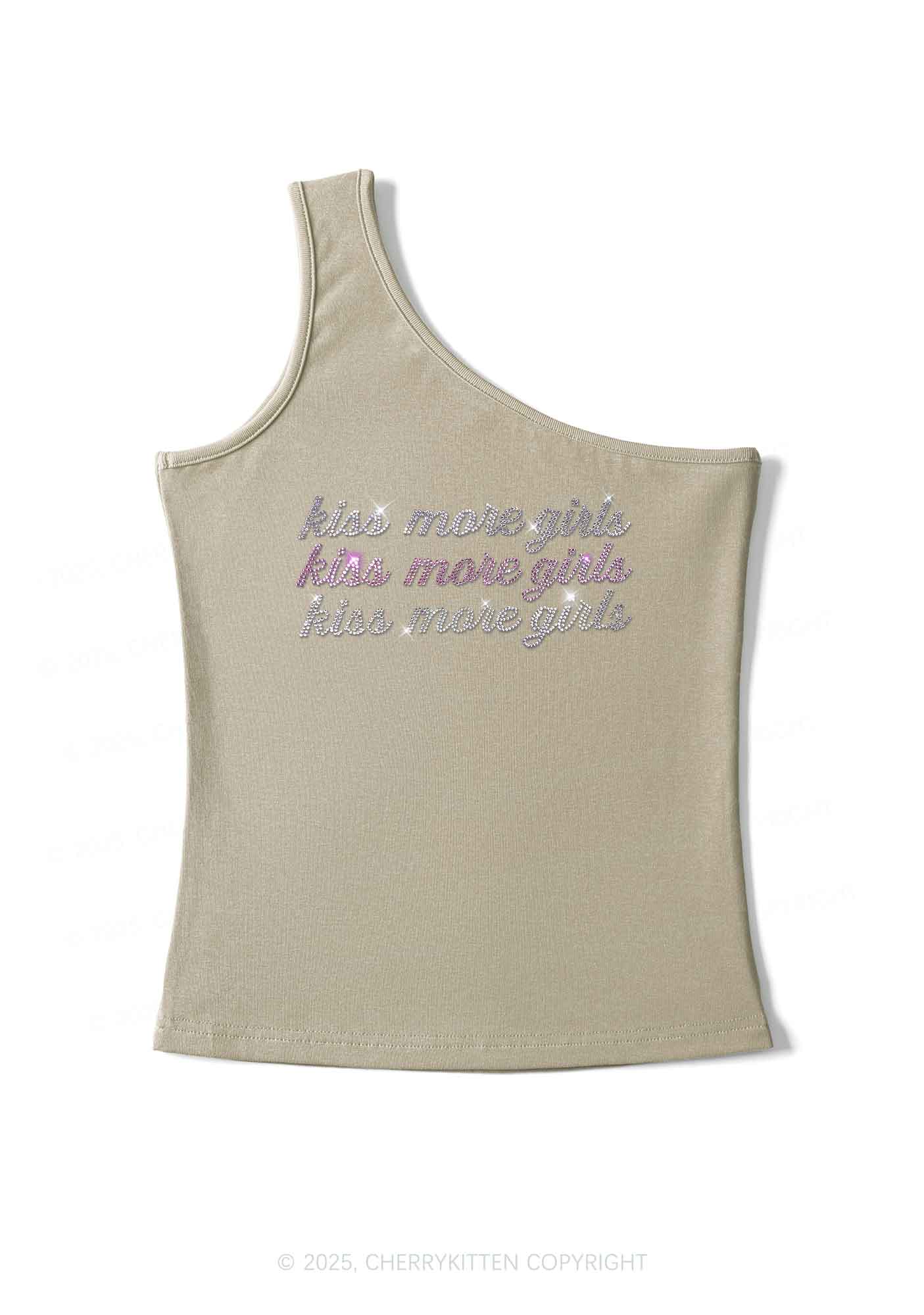 Rhinestone Kiss More Girls Pride Y2K One Shoulder Tank Top Cherrykitten - Image 4