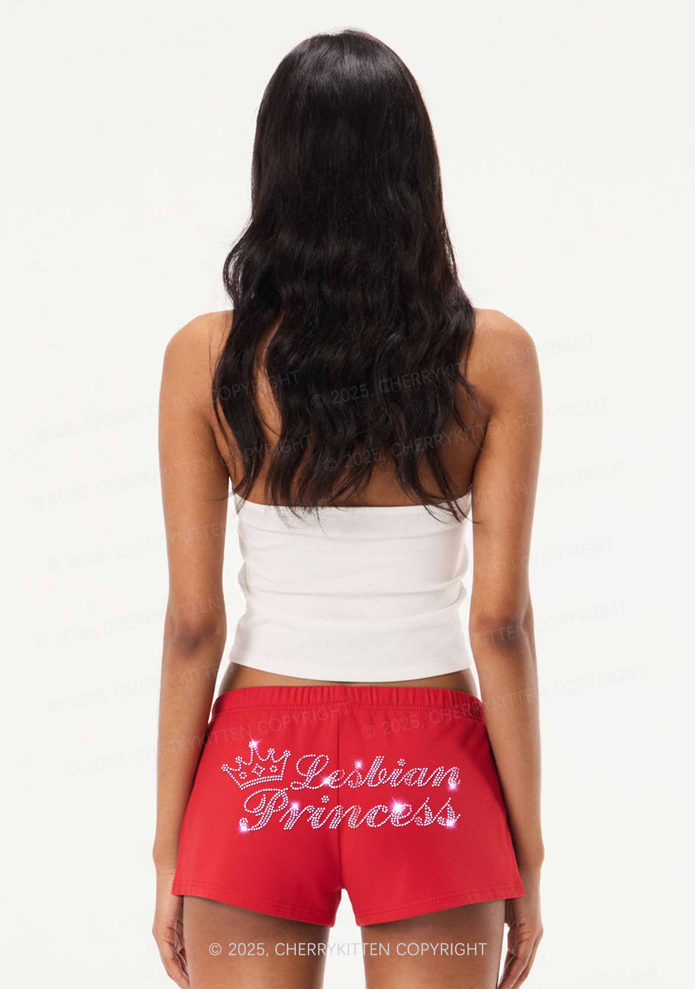 Rhinestone Lesbian Princess Pride Y2K Drawstring Mini Shorts Cherrykitten - Image 2