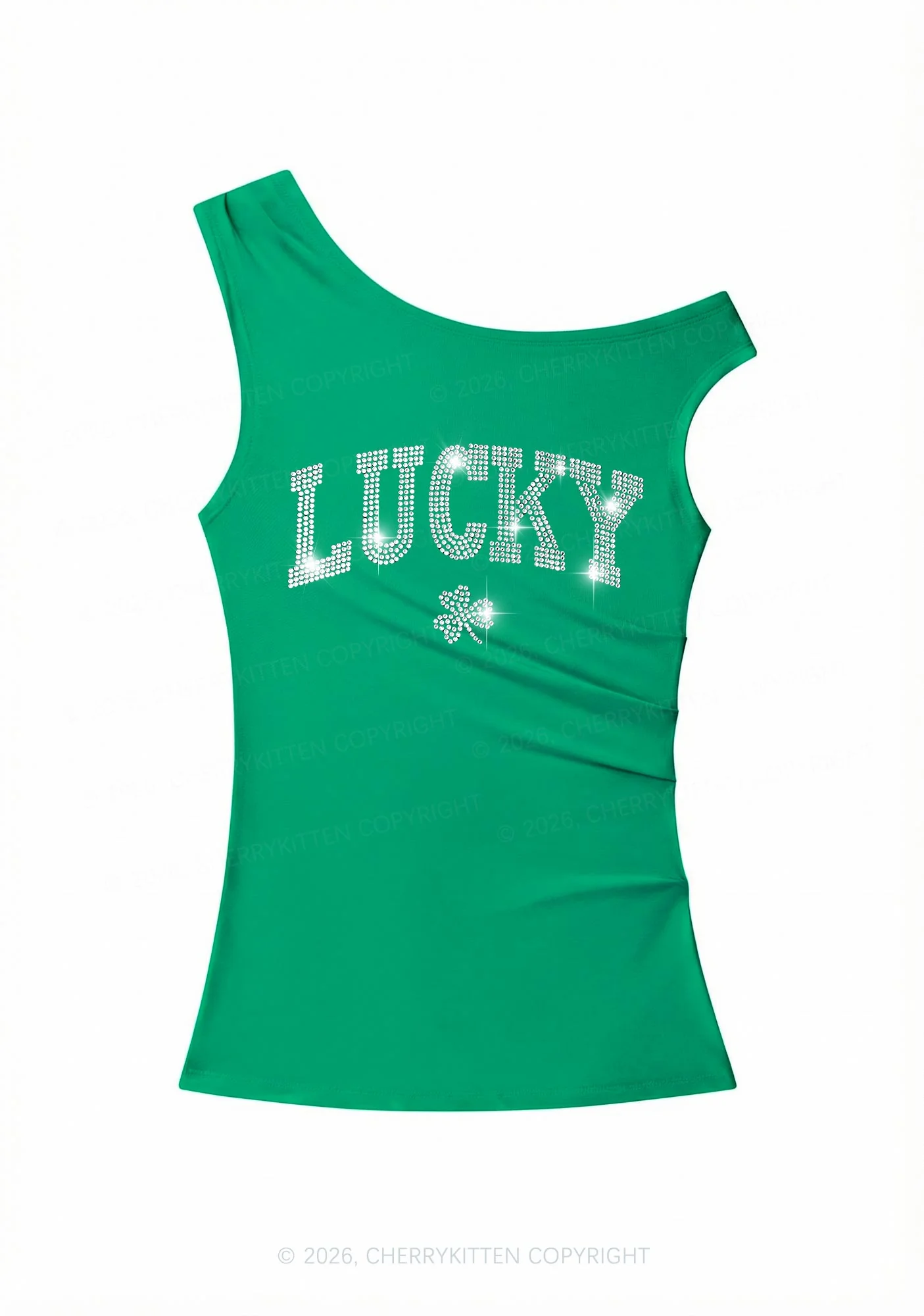 Rhinestone Lucky Shamrock St Patricks Y2K Off Shoulder Tank Top Cherrykitten