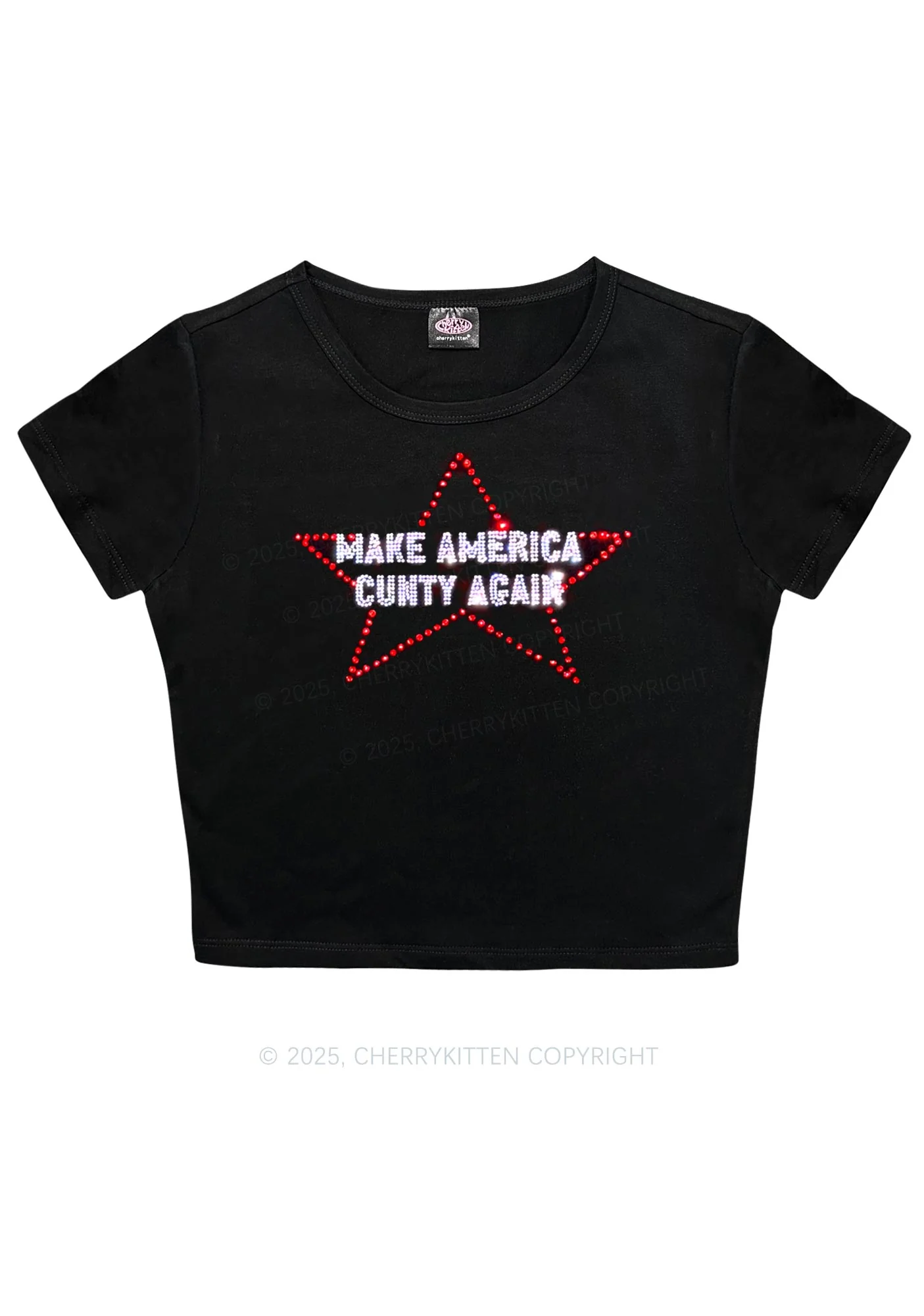 Rhinestone Make America Cxxty Again Y2K Baby Tee Cherrykitten