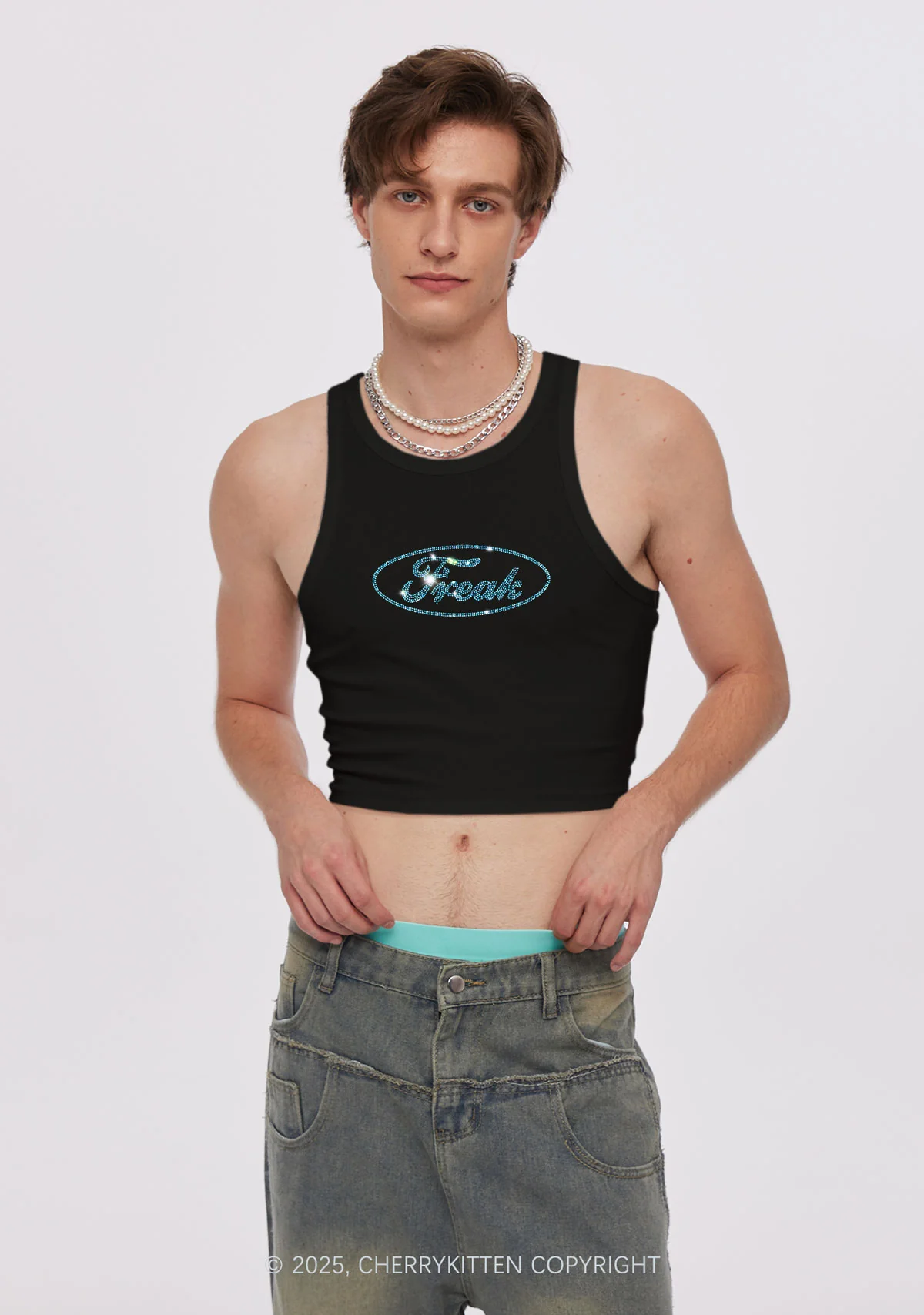 Rhinestone Oval Freak Y2K Crop Tank Top Cherrykitten - Image 2