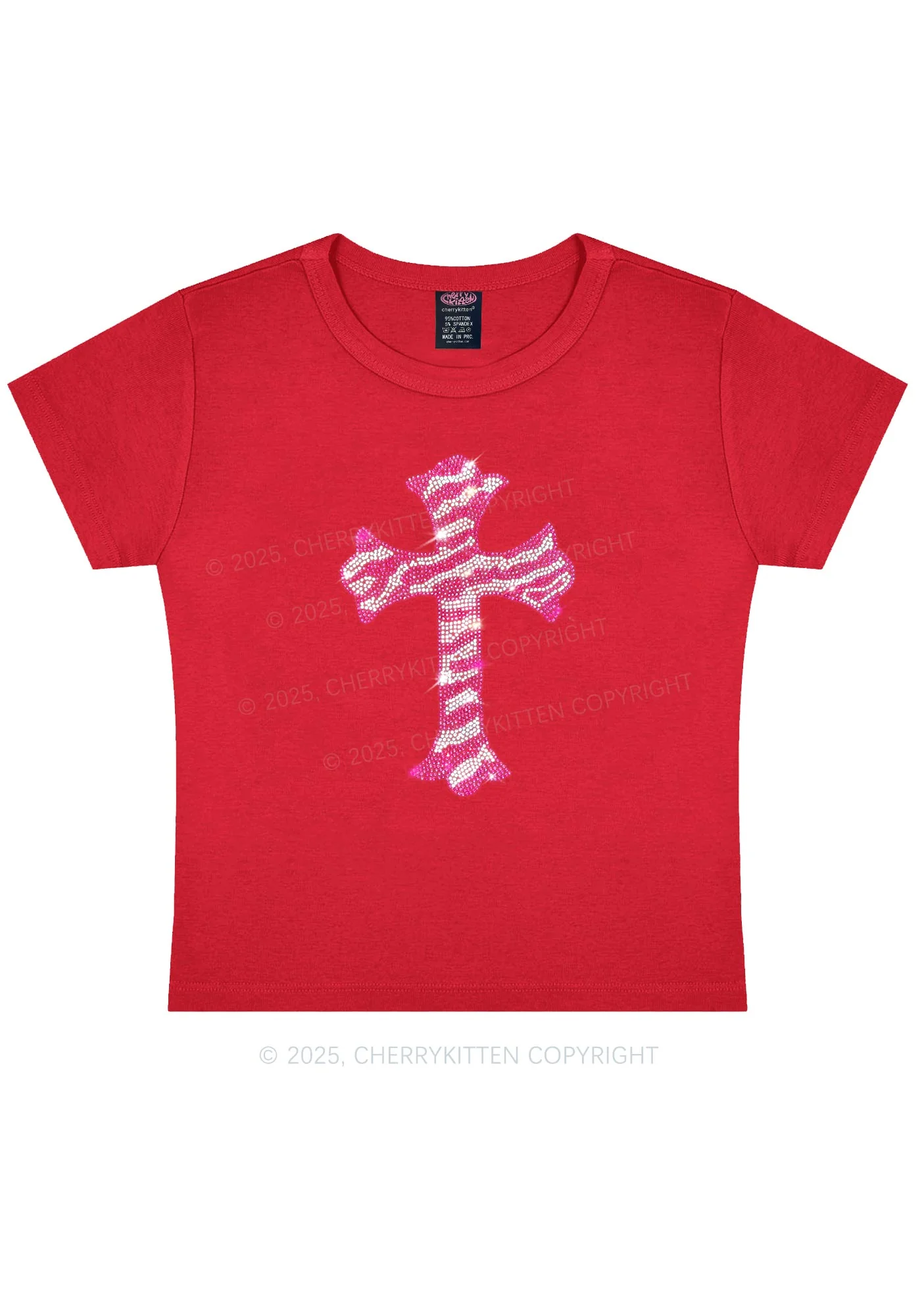Rhinestone Pink Cross Y2K Baby Tee Cherrykitten - Image 6