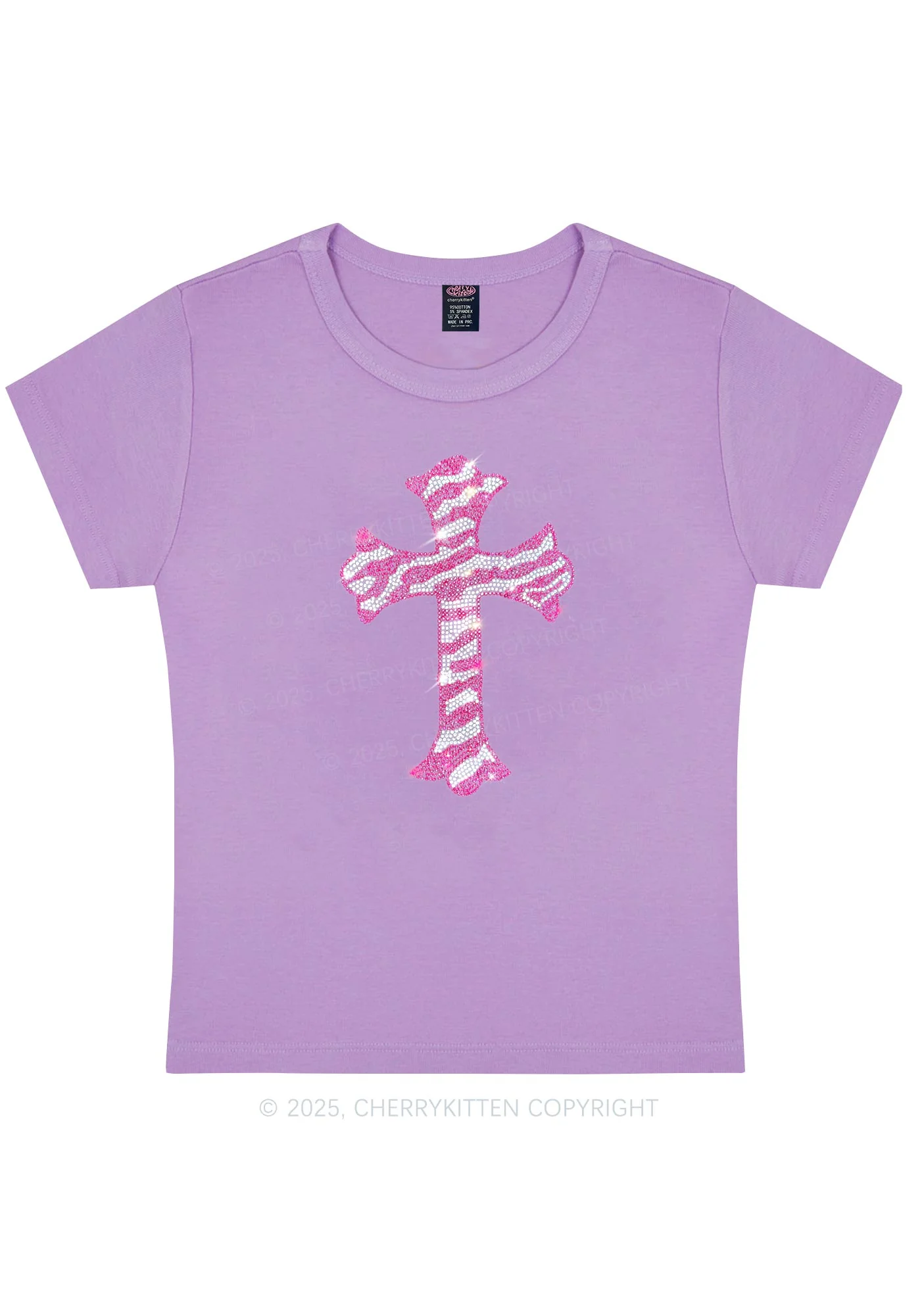 Curvy Rhinestone Pink Cross Y2K Baby Tee Cherrykitten - Image 4