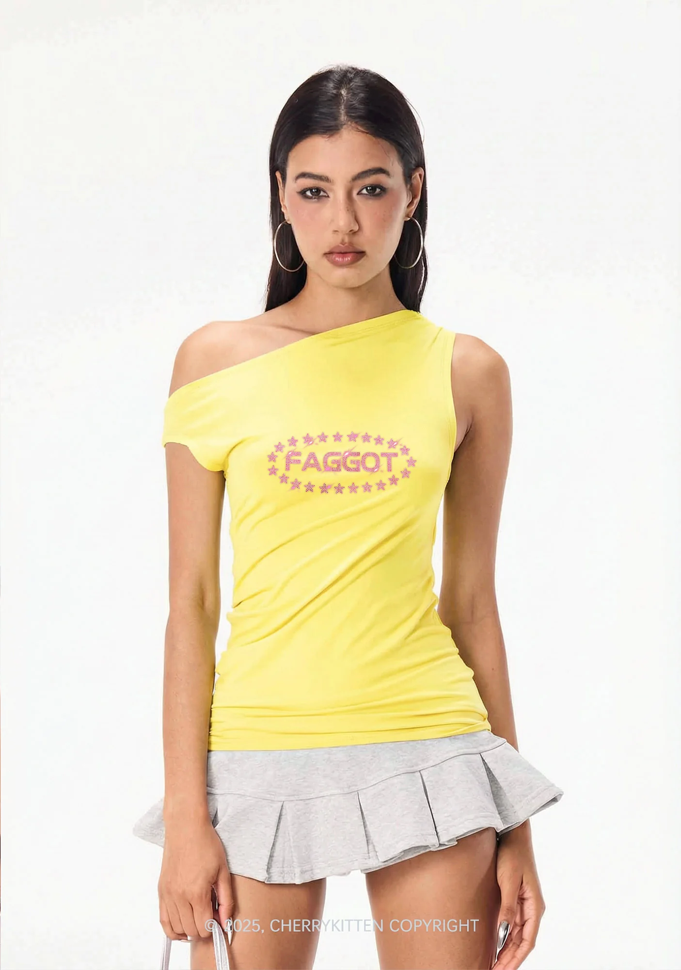Rhinestone Pink Faggot Stars Pride Y2K Off Shoulder Tank Top Cherrykitten - Image 2