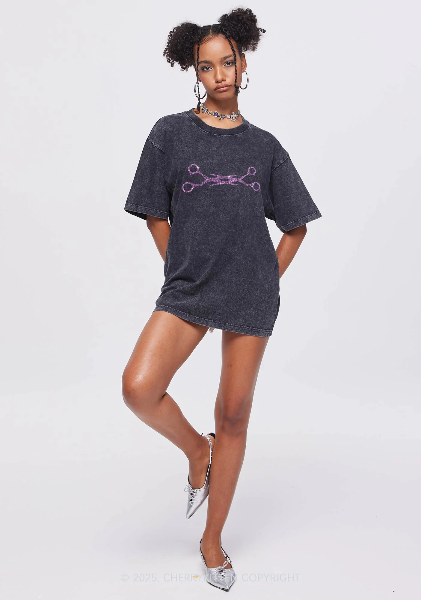 Rhinestone Pink Scissor Pride Y2K Shirts Washed Tee Cherrykitten - Image 2