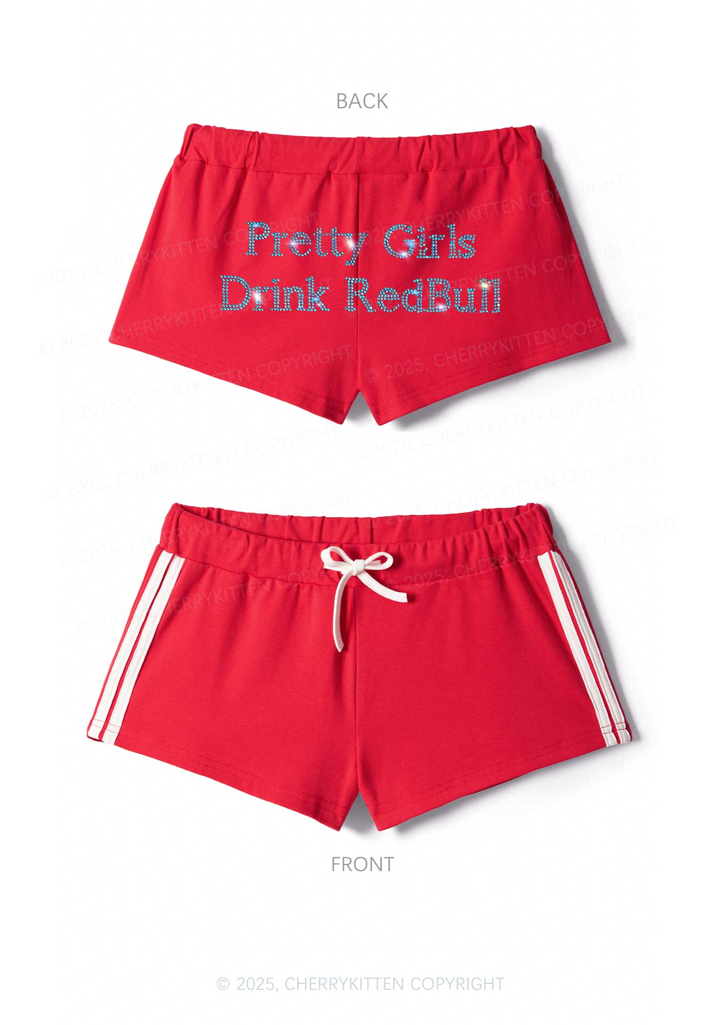 Rhinestone Pretty Girls Drink Red Y2K Drawstring Mini Shorts Cherrykitten - Image 4