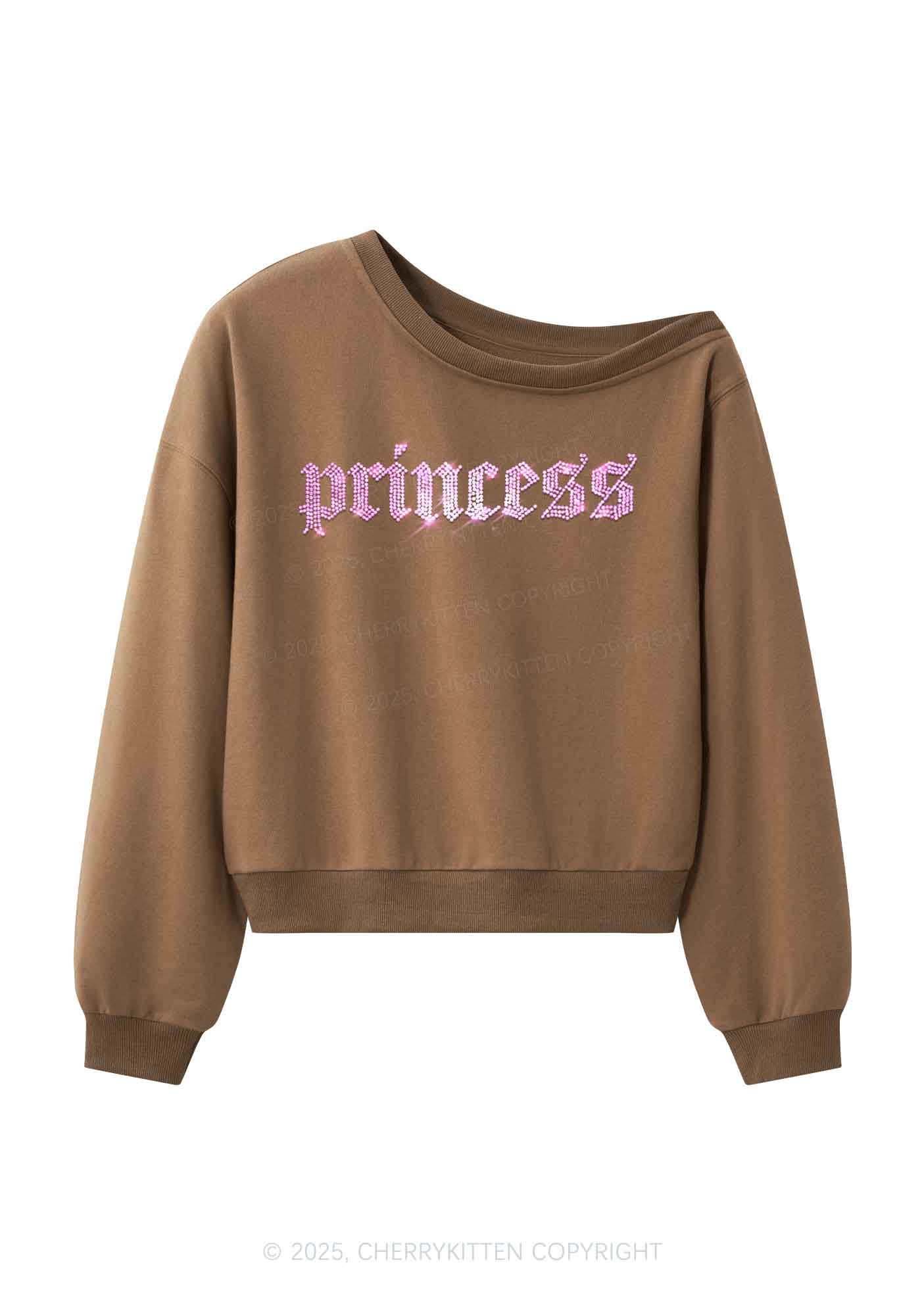 Rhinestone Princess Y2K Off Shoulder Sweatshirts Cherrykitten