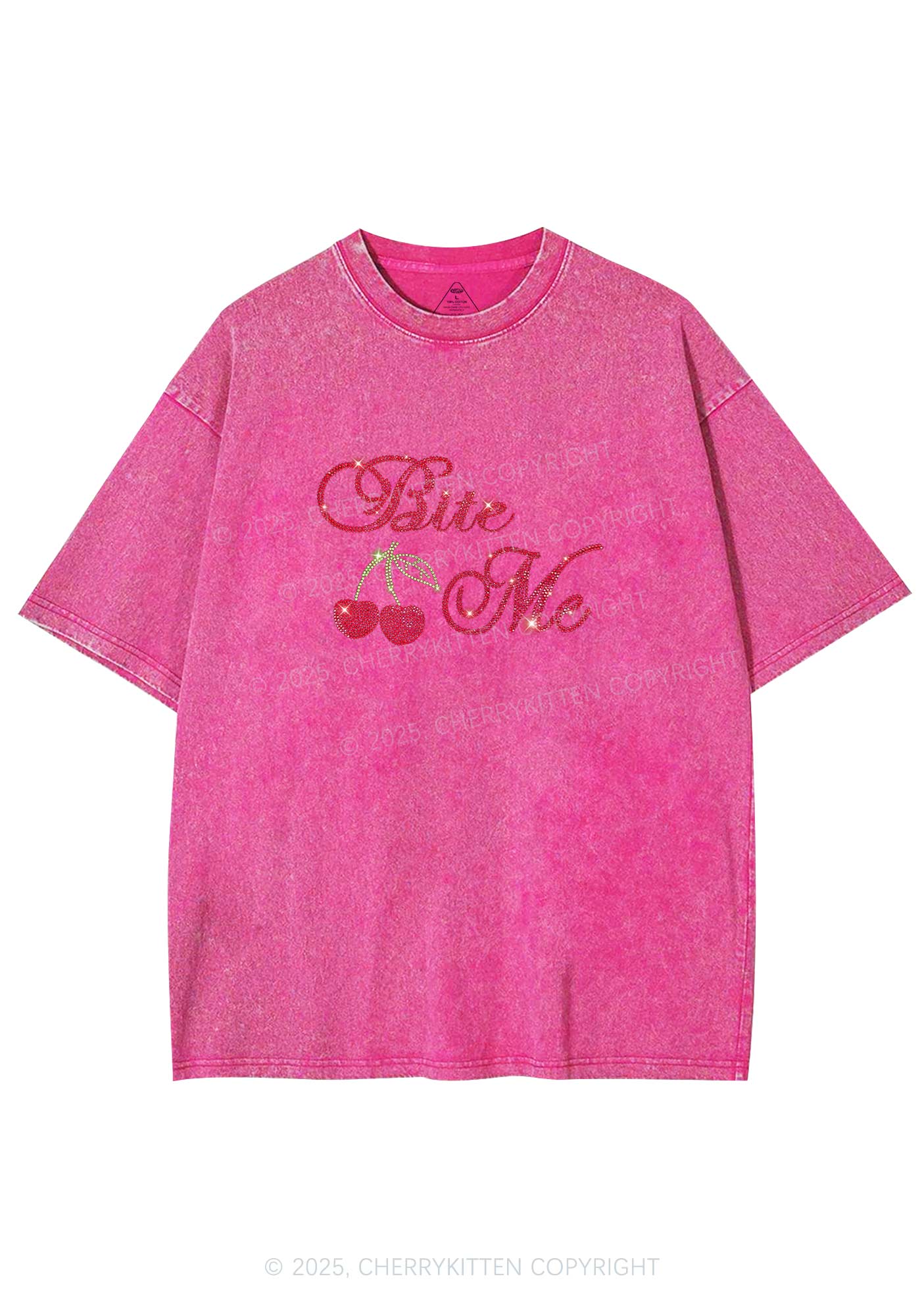 Rhinestone Red Cherry Bite Me Y2K Shirts Washed Tee Cherrykitten - Image 4