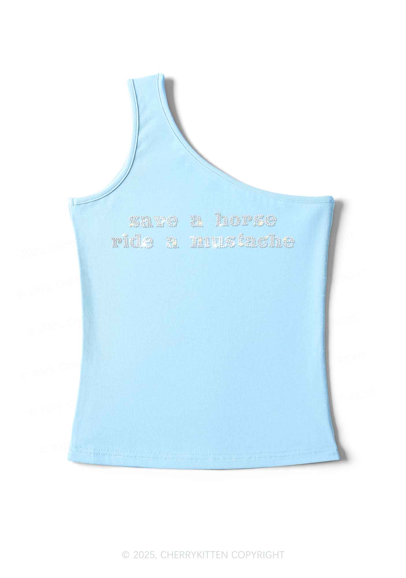 Rhinestone Ride A Mustache Y2K One Shoulder Tank Top Cherrykitten - Image 4
