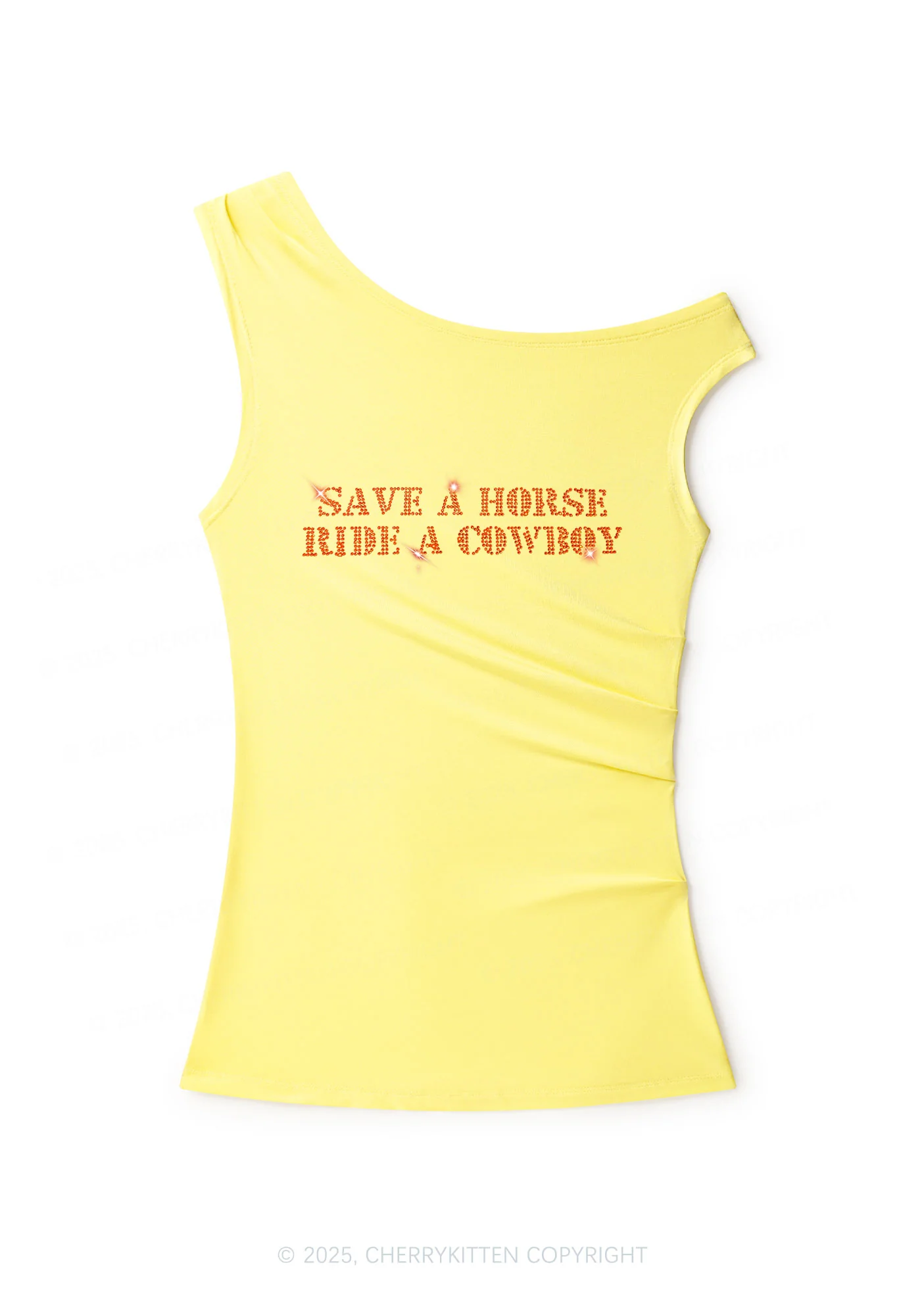 Rhinestone Save A Horse Ride A Cowboy Y2K Off Shoulder Tank Top Cherrykitten