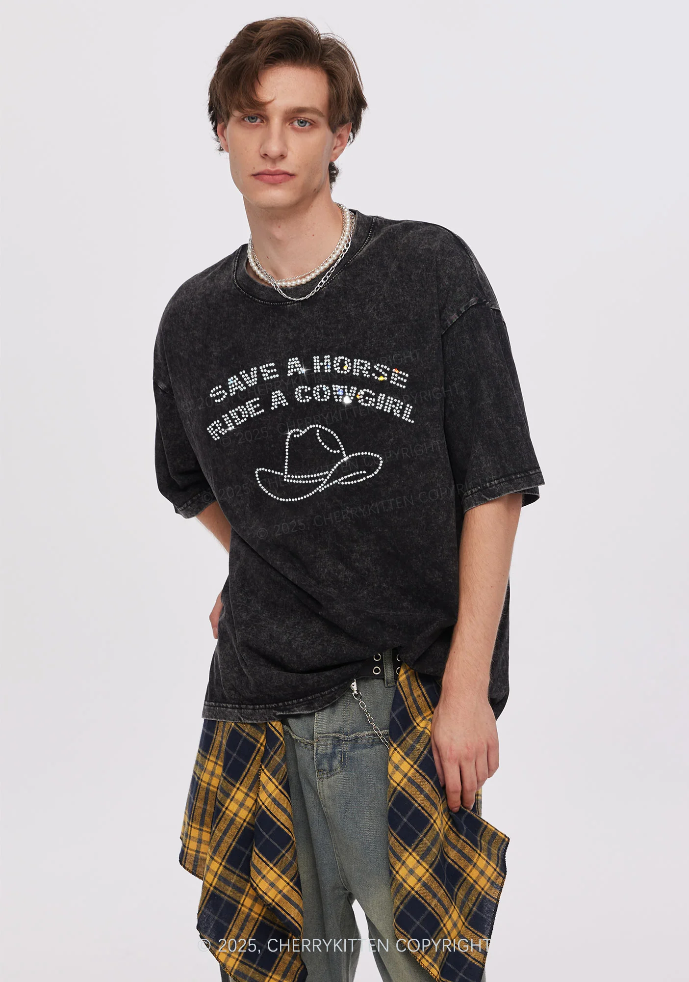 Rhinestone Save Horse Ride Cowgirl Y2K Shirts Washed Tee Cherrykitten - Image 2