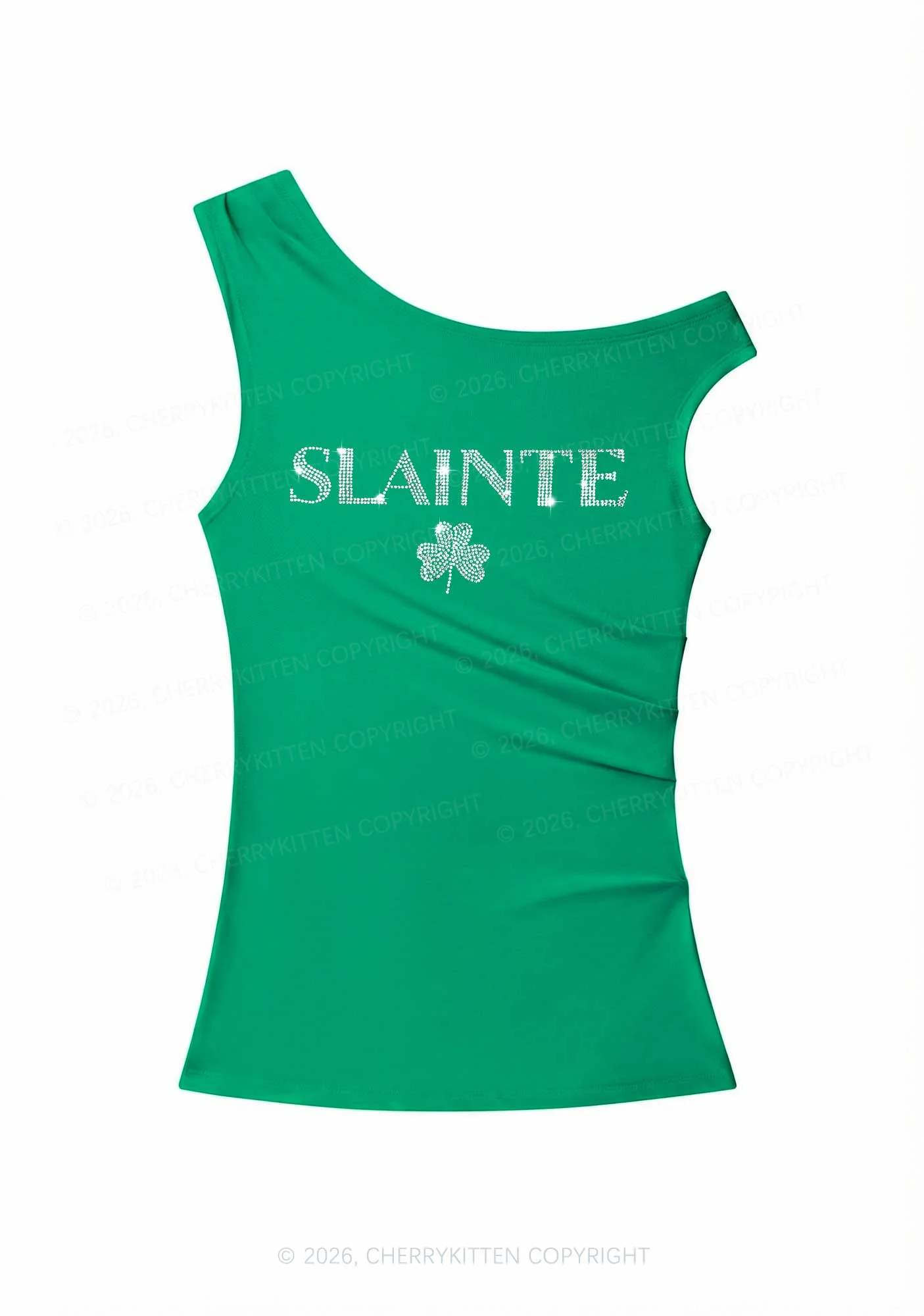 Rhinestone Slainte St Patricks Y2K Off Shoulder Tank Top Cherrykitten