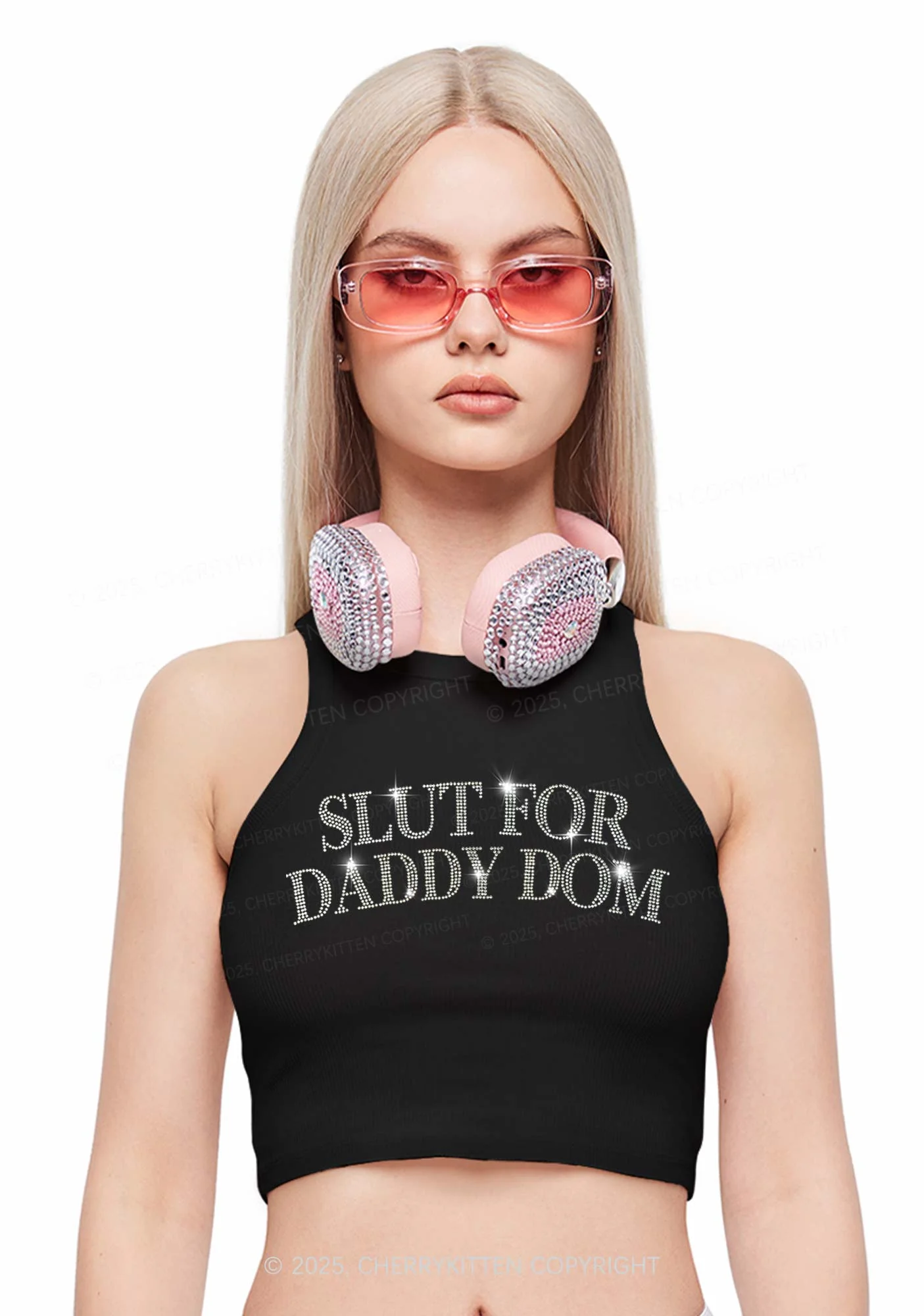 Rhinestone Slxt For Daddy Dom Y2K Crop Tank Top Cherrykitten - Image 2