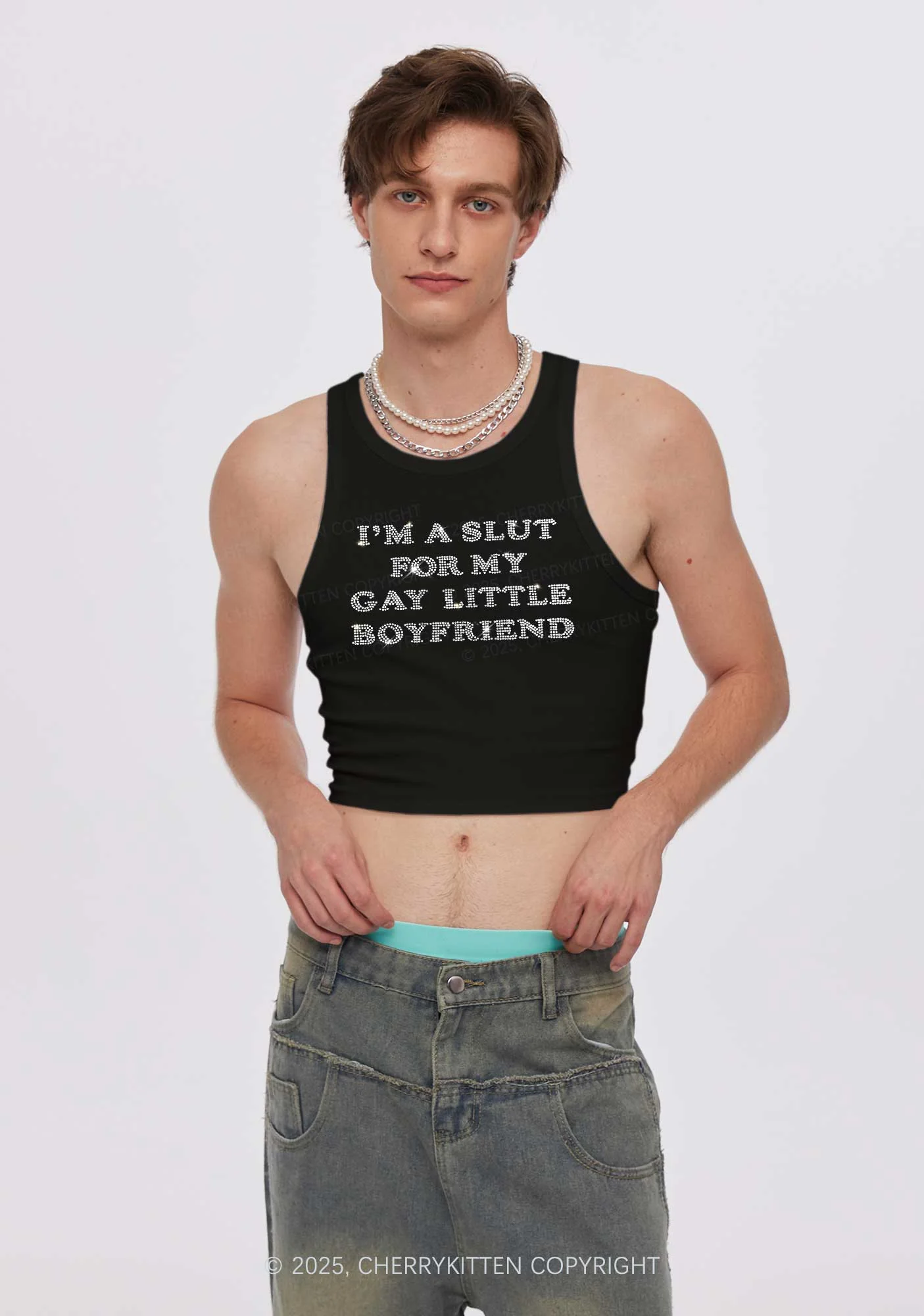 Rhinestone Slxt For My Gay BF Pride Y2K Crop Tank Top Cherrykitten - Image 2
