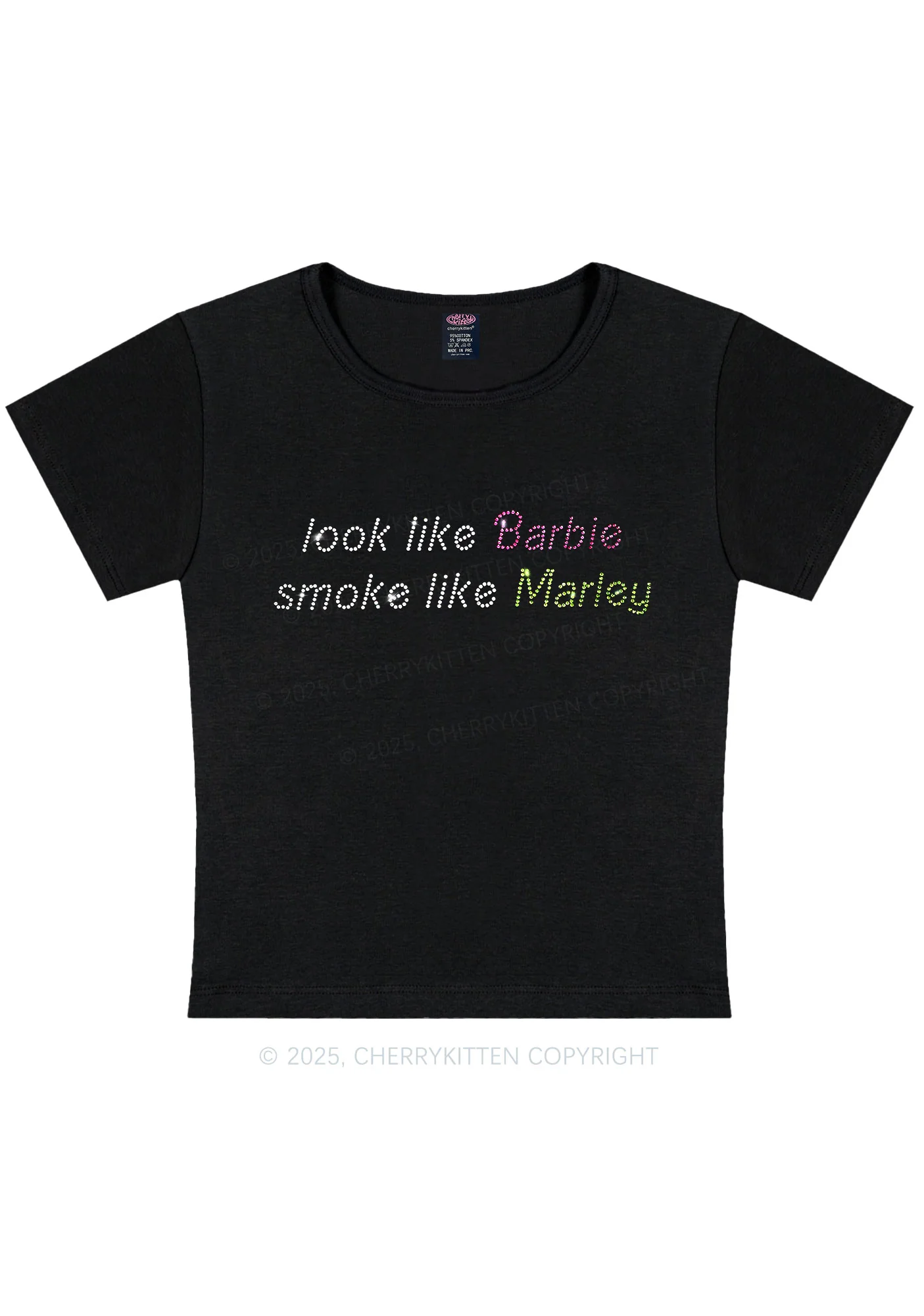 Rhinestone Smoke Like Marley Y2K Baby Tee Cherrykitten