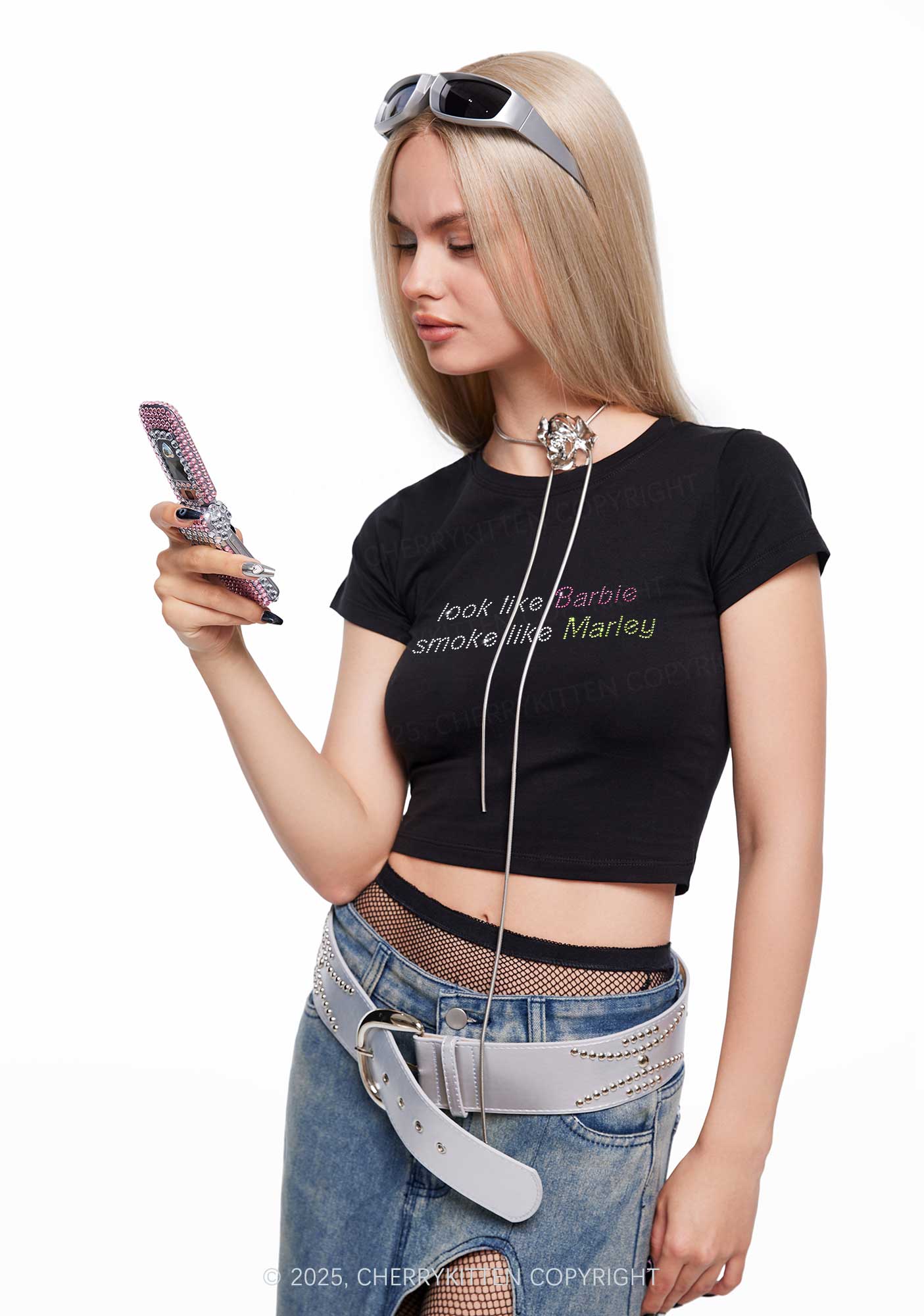 Rhinestone Smoke Like Marley Y2K Baby Tee Cherrykitten - Image 2